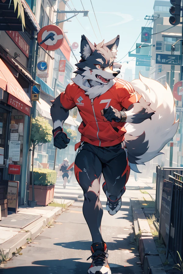 From front, full body,best quality,(masterpiece,ultra detailed 8k art),Fluffy body,Fluffy,(fluffy best hands:0.7),(muscler,anthro),focus 1 male,furry fox female,Close up 1 wolf male,wolf ears,running, park, city