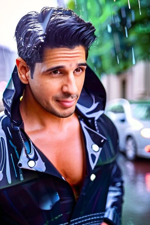 lvaro Morata a man <lora:sid-mal_lvaro-Morata:1>, wearing a rain coat, crop top, city street, bokeh, homoerotic, rainy day,