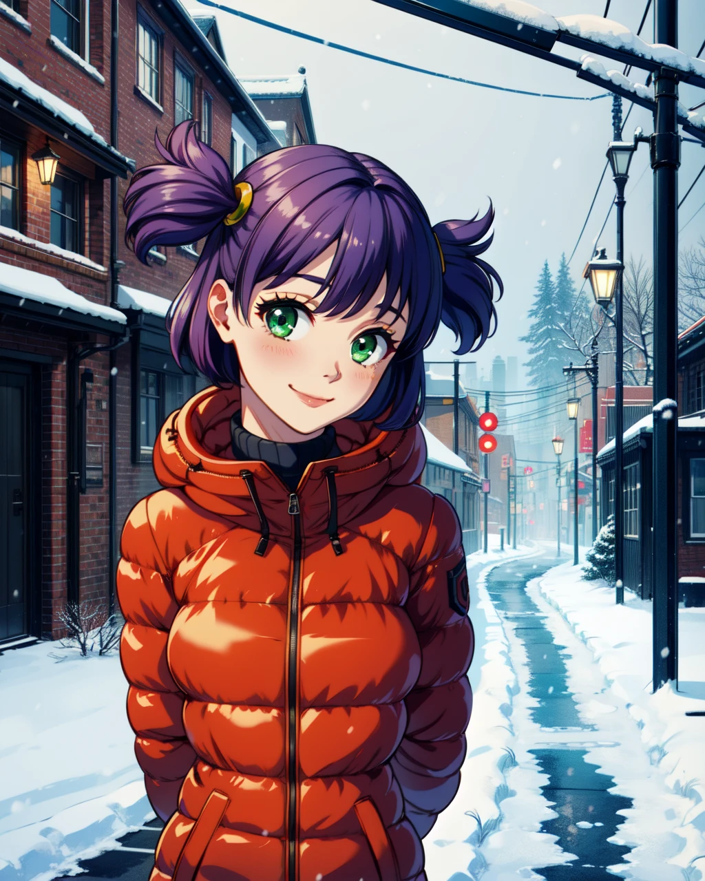 masterpiece, high quality, 1girl, bllena, medium shot, upper body, green eyes, purple hair, twintails, red winter padded coat, hands behind back, yellow hairpin, (dynamic pose), smile, outdoors, city, street, winter, day, blush, snow, <lora:bllena-000006:0.75>, <lora:add_detail:0.5>