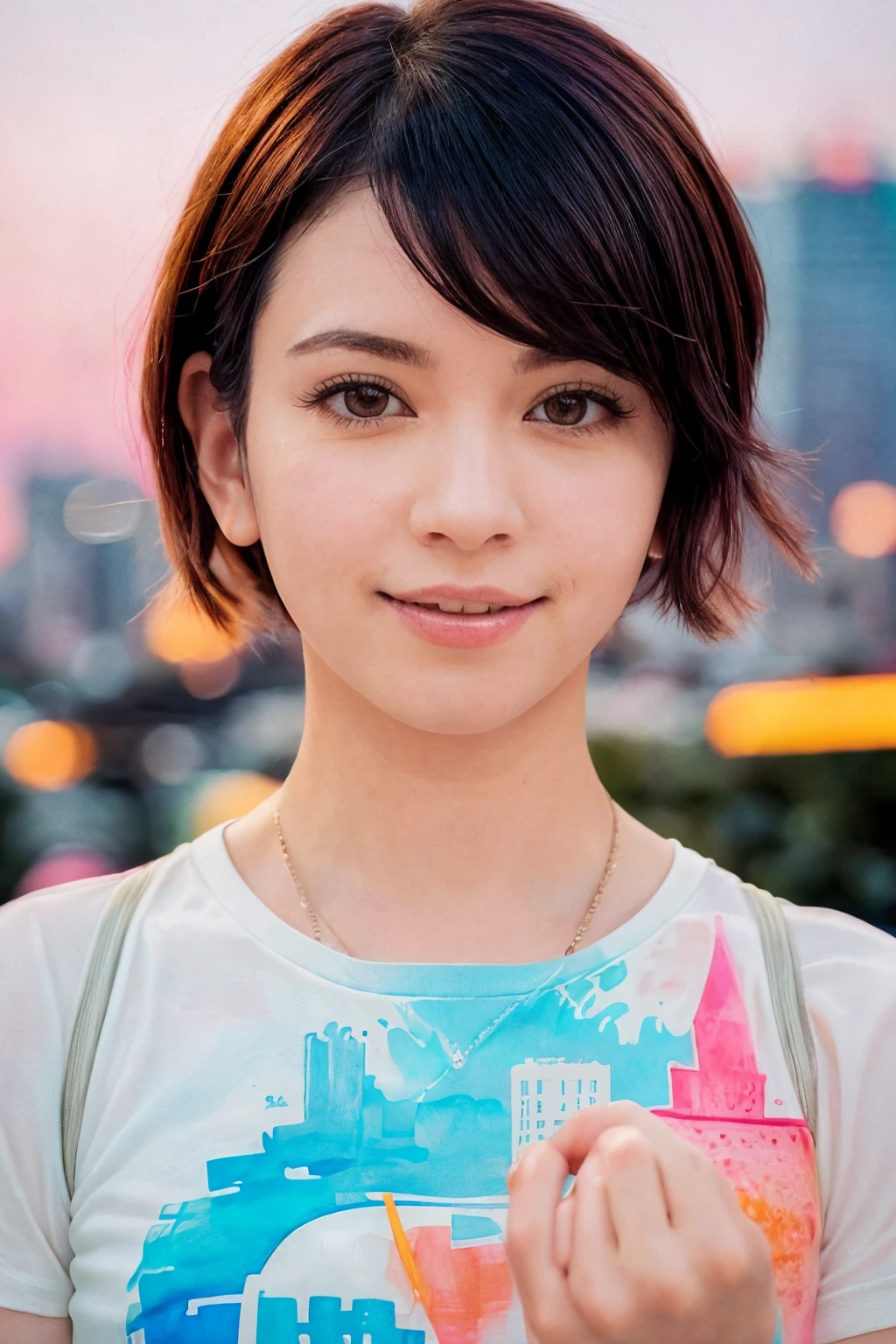 analog film photo solo, realistic, (1girl), (asian) (woman), white skin, milky skin, (((Fearful, Wide-open eyes, a furrowed brow, and a slightly open mouth.))), (((black hair, Shag Haircut Hairstyle))), (((Watercolor-inspired t-shirt with a painterly blend of vibrant hues and splashes))), (((city skyline, towering skyscrapers, illuminated nightscape, metropolitan, Golden Hour, <lora:岩äºä¿äº:.5>))), (((dynamic pose:1.5))), <lora:ReaLora:.2> <lora:JPA_-_Rola_Takizawa:1> rolatakizawa . faded film, desaturated, 35mm photo, grainy, vignette, vintage, Kodachrome, Lomography, stained, highly detailed, found footage<lora:PAseer-SD15-LCM Quick:1.0><lora:PAseer-SD15-LCM Quick:1.0>