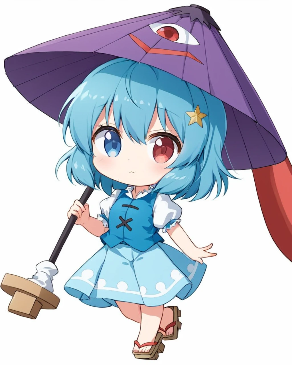 tatara kogasa,1girl, heterochromia, solo, karakasa_obake, purple_umbrella, simple_background, blue_vest, white_background, blue_skirt, chibi, short_sleeves, looking_at_viewer, pout, holding_umbrella, puffy_sleeves, geta, white_shirt
<lora:tatara_kogasa_image6022_2023-12-20-000007:1>,star-shaped_pupils,symbol-shaped_pupils,. gorgeous,key visual, vibrant, studio anime,award-winning, professional, highly detailed,high budget, cinemascope