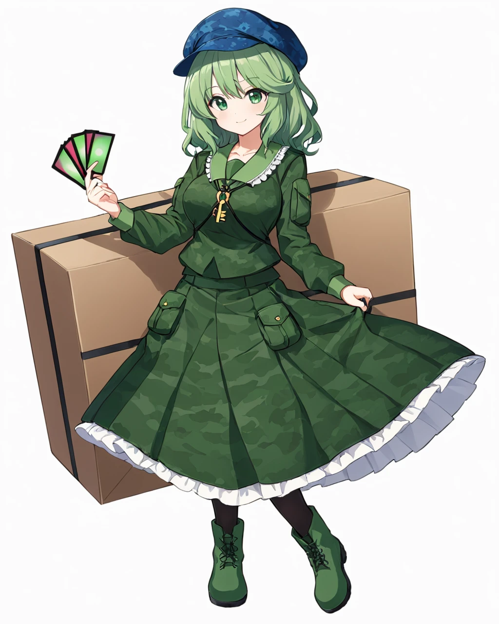 yamashiro takane,1girl, holding_card, key, solo, boots, camouflage_jacket, full_body, pantyhose, white_background, camouflage_headwear, flat_cap, green_skirt, simple_background, blue_headwear, box, green_headwear, looking_at_viewer, cross-laced_footwear, closed_mouth, green_footwear, skirt_set, long_sleeves, green_shirt, smile, breasts, key_necklace
<lora:yamashiro_takane_image489_2023-12-20-000015:1>,star-shaped_pupils,symbol-shaped_pupils,. gorgeous,key visual, vibrant, studio anime,award-winning, professional, highly detailed,high budget, cinemascope