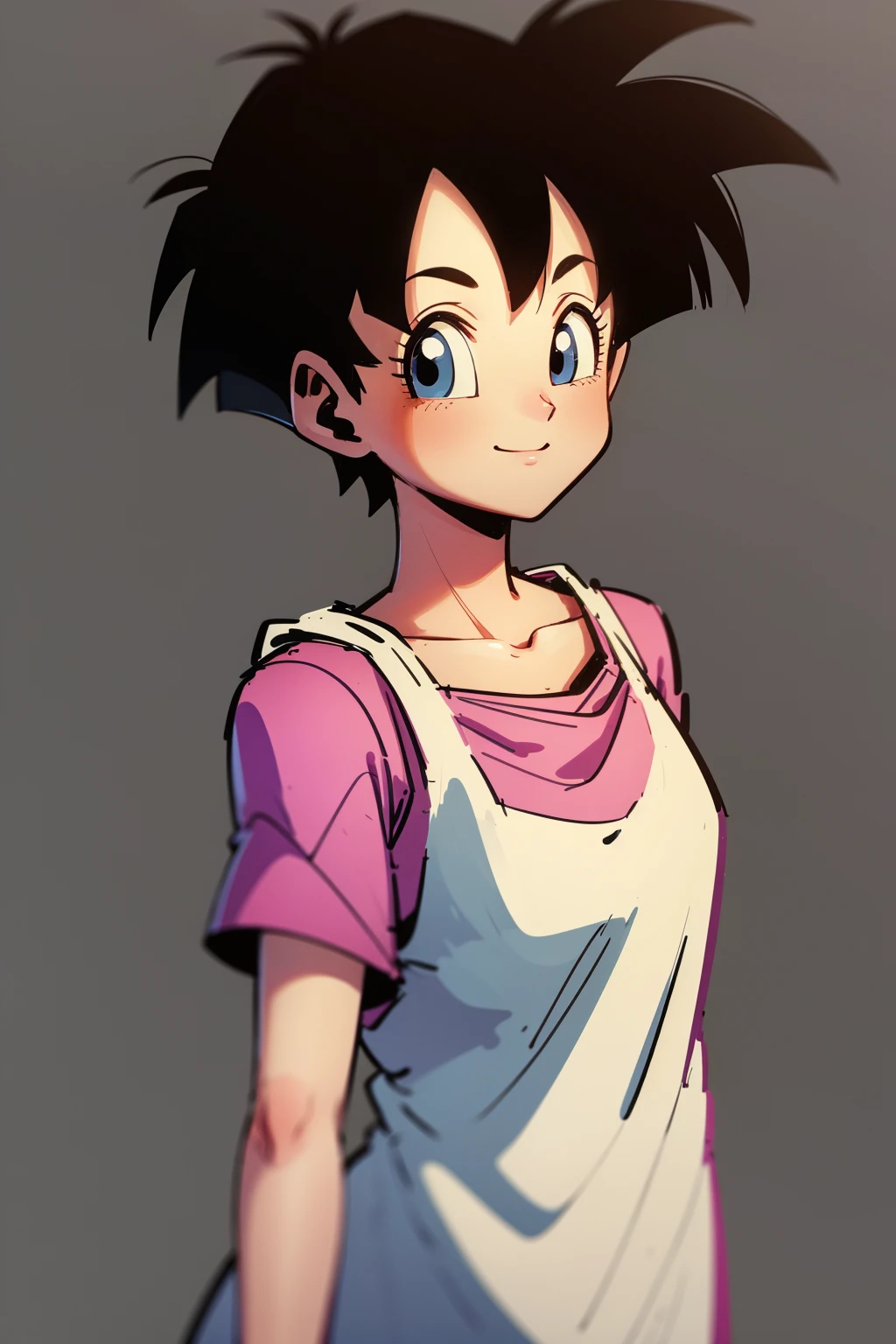 masterpiece, best quality, 1girl, videl, black hair, short hair, blue eyes, pink shirt, upper body, smile, looking at viewer, solo, simple background <lora:Videl:1>