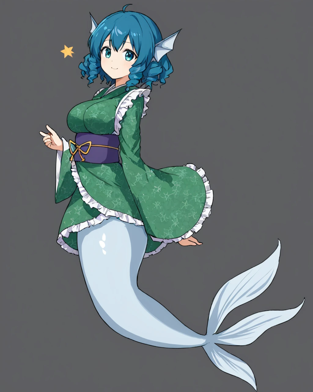 wakasagihime,alphes_\(style\), 1girl, style_parody, solo, mermaid, head_fins, smile, transparent_background, wide_sleeves, long_sleeves, closed_mouth, full_body, looking_to_the_side, frilled_kimono, large_breasts, green_kimono, obi, medium_breasts
<lora:wakasagihime_image2628_2023-12-20-000008:1>,star-shaped_pupils,symbol-shaped_pupils,. gorgeous,key visual, vibrant, studio anime,award-winning, professional, highly detailed,high budget, cinemascope