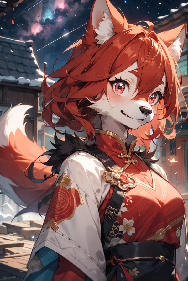 (best Fluffy hands:0.7),wide Shot,best quality,(official art, masterpiece,ultra detailed 8k art,fantasy),(furry,anthro,Fluffy body:1.3),(Fluffy, focus 1 female,furry female,1 hand on ches,red cat earst),Close up face,upper body,smile, 1 red cat tail,pink eyes, chinese clothes, wavy hair, medium long hair BREAK
outdoor,(milky way, midnight:1.2) , old dilapidated building,  China
