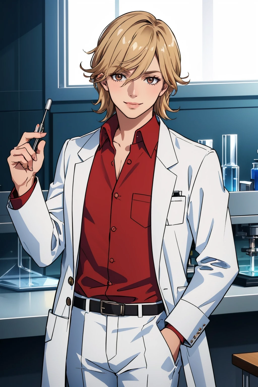 masterpiece, best quality, laboratory, looking at viewer, smile
<lora:zs_OBrien:1> obriendds, labcoat, red shirt, white pants