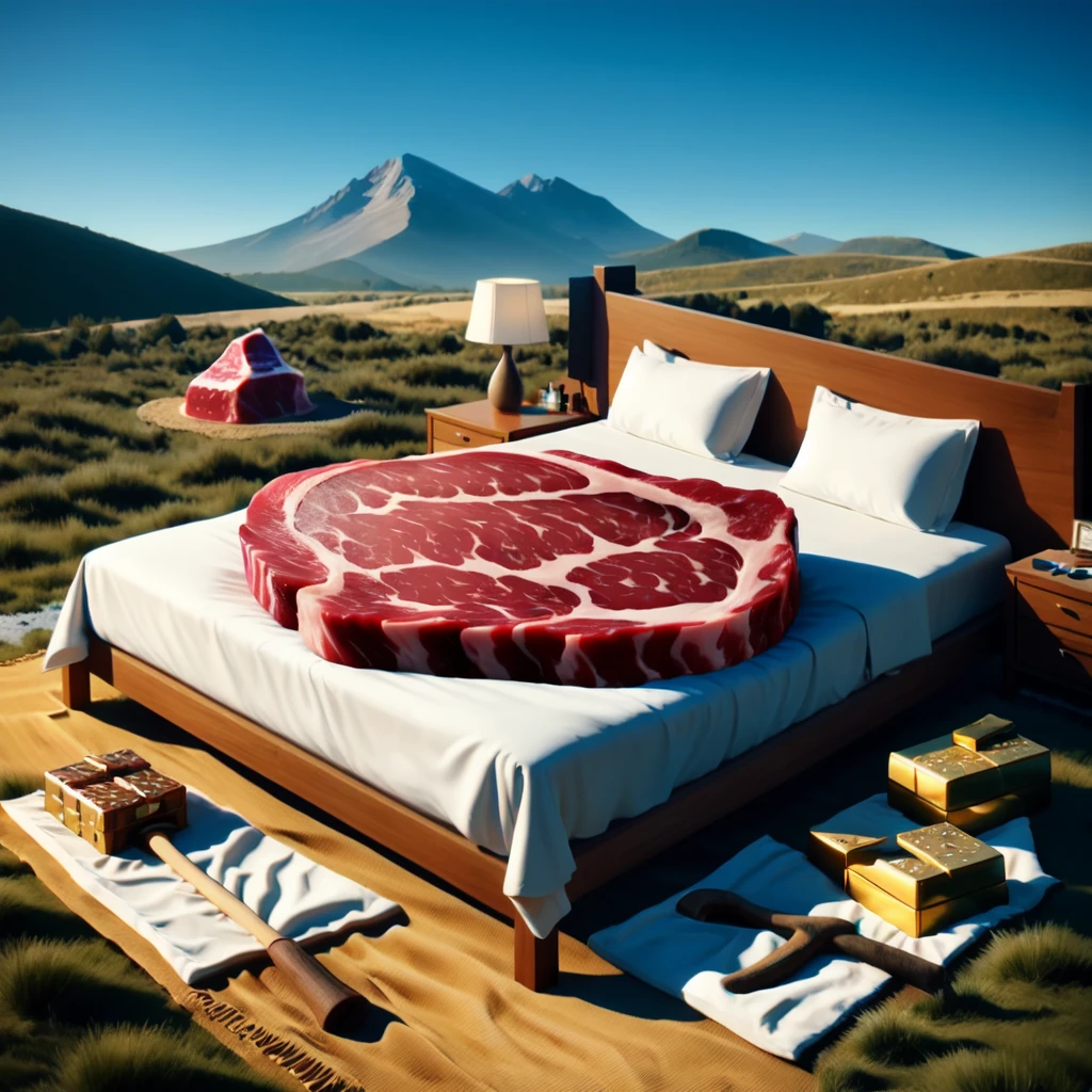 <lora:steak_v1:0.5>,shirt, weapon, outdoors, food, sky, day, cloud, blue sky, pillow, book, no humans, window, bed, shadow, bed sheet, on bed, mountain, fantasy, sand, door, axe, bedroom, landscape, stick, still life, carpet, cube, rug, treasure chest, pickaxe, HLSWB, meat, blue steak