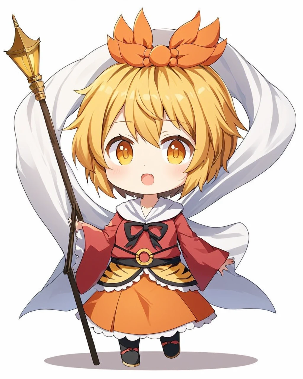 toramaru shou,1girl, solo, bishamonten's_spear, long_sleeves, open_mouth, white_background, simple_background, chibi, hair_ornament, wide_sleeves, spear, tiger_print, fang, bishamonten's_pagoda, orange_skirt, shawl, black_footwear, looking_at_viewer, red_dress, full_body, holding_weapon, standing, shirt, arm_up
<lora:toramaru_shou_image1879_2023-12-20-000010:1>,star-shaped_pupils,symbol-shaped_pupils,. gorgeous,key visual, vibrant, studio anime,award-winning, professional, highly detailed,high budget, cinemascope
