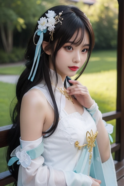 ltra-detailed,highly detailed,best quality,masterpiece,illustration,realistic,photorealistic,
suwen, 1girl, solo, cosplay,
hanfu,chinese clothes, necklace, bare shoulders, detached sleeves, long sleeves, detached collar,
hair ornament, hair ribbon, hair flower, jewelry,
long hair, brown hair, bangs,
looking at viewer,upper body,
photo background,river,
<lora:suwen_06:0.6>