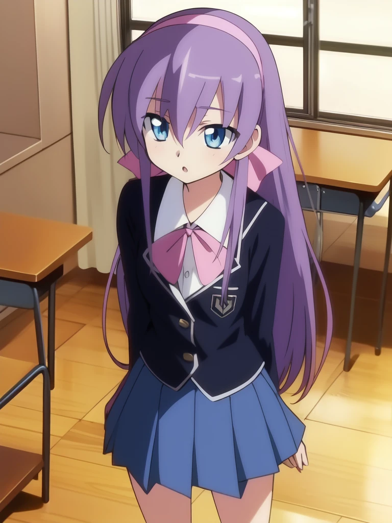 <lora:Lou_Roux:0.8>, Lou Roux, blue_eyes, purple_hair, long_hair, hair_ribbon, hairband, school uniform, mini_skirt,
school in the room,