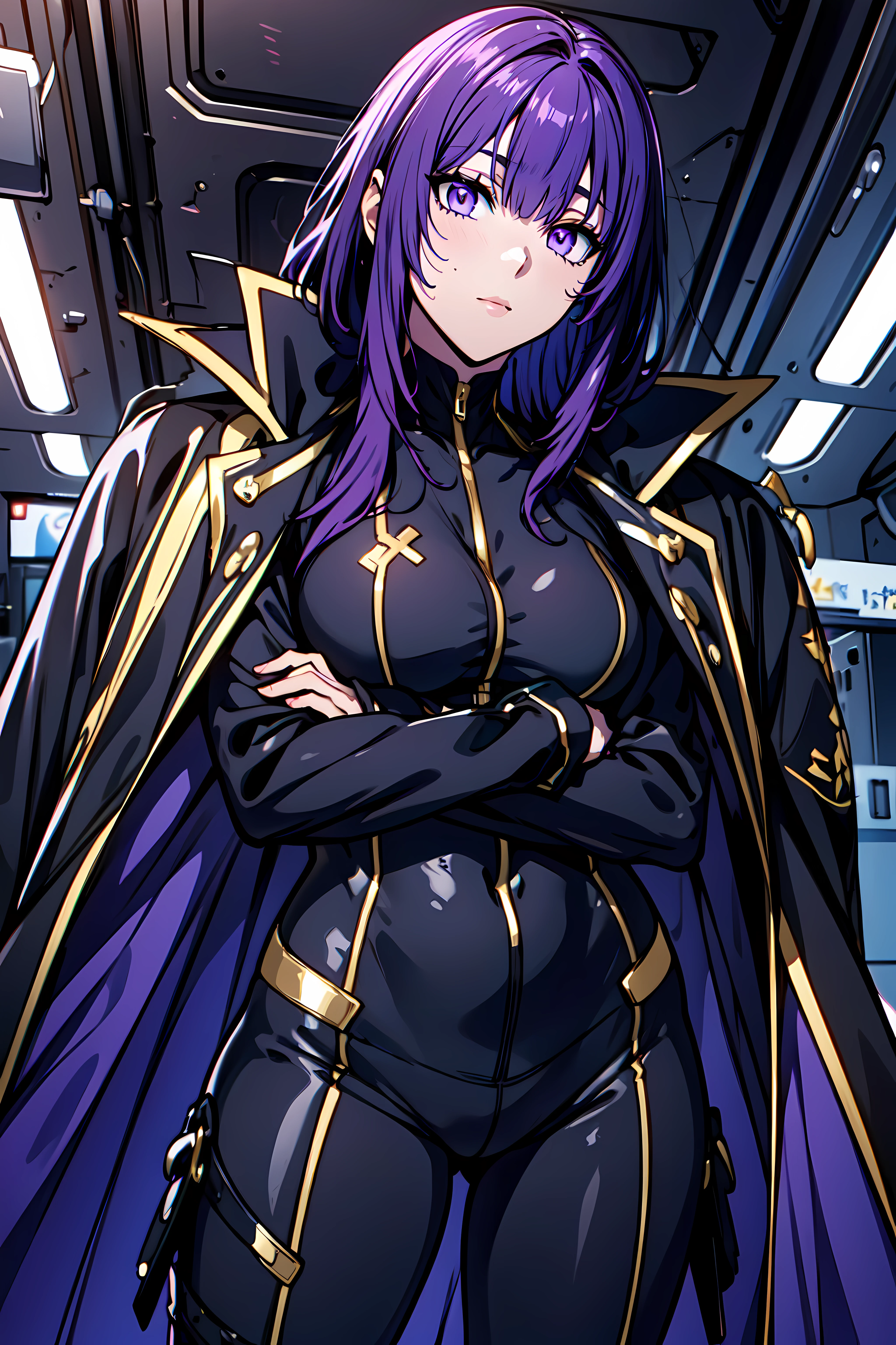 masterpiece,best quality, unreal engine, ultra res, extremely detailed,
1girl, medium breasts, waist, slender,( muscular:0.6)
<lora:Style_hews_style:0.4>
<lora:Style_anmnr01AOM3A1:0.2>
<lora:Concept_Round_Breasts_V7:0.>ROUND BREASTS, MEDIUM BREASTS
<lora:Character_ort_eta_eminence_v0.1:0.7>
eta_eminence,
purple hair, purple eyes,
gold line, black bodysuit, jacket
crossing arms,