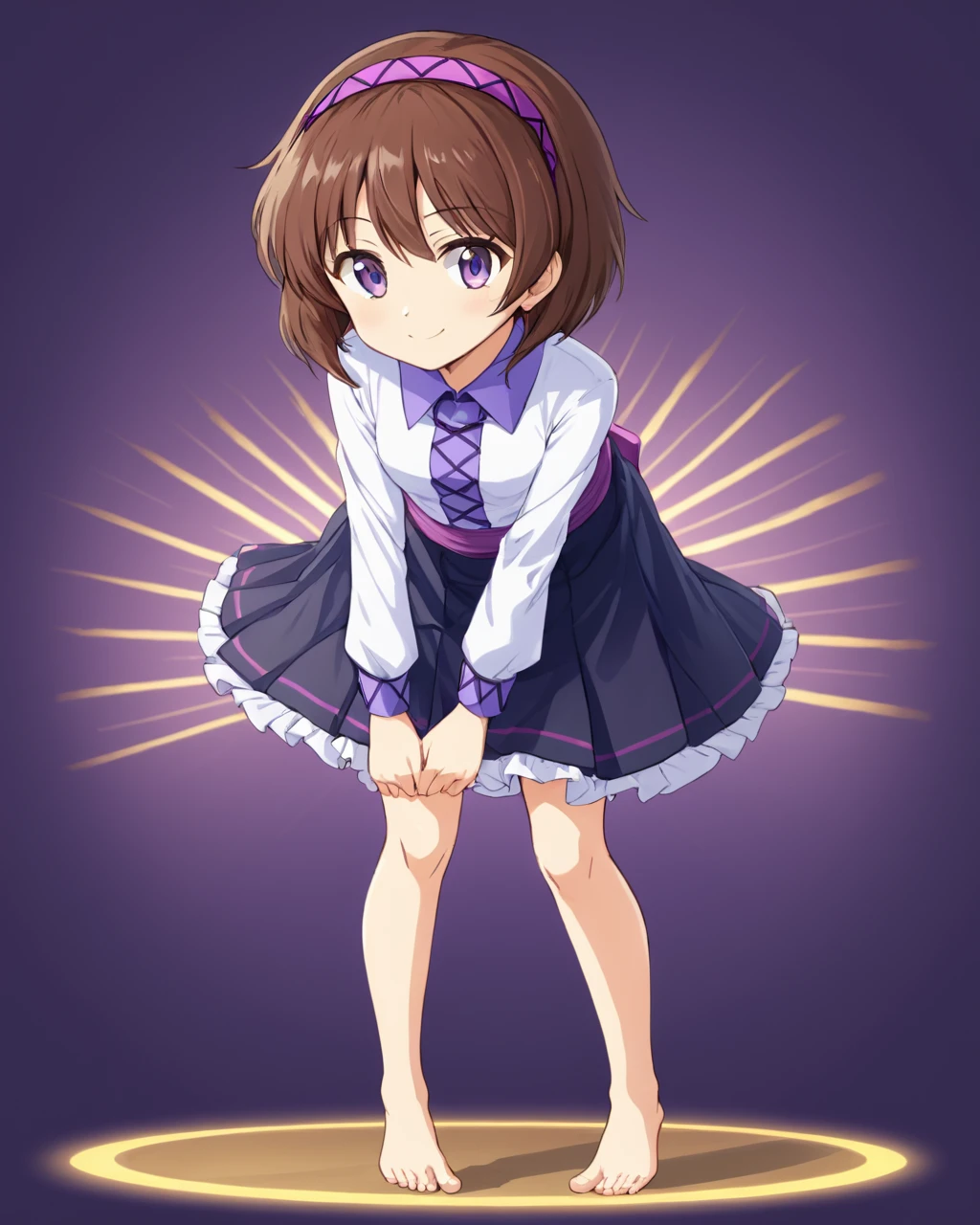 tsukumo yatsuhashi,1girl, solo, barefoot, skirt, smile, shirt, leaning_forward, looking_at_viewer, long_sleeves, full_body, arms_behind_back, purple_hairband
<lora:tsukumo_yatsuhashi_image372_2023-12-20-000025:1>,star-shaped_pupils,symbol-shaped_pupils,. gorgeous,key visual, vibrant, studio anime,award-winning, professional, highly detailed,high budget, cinemascope