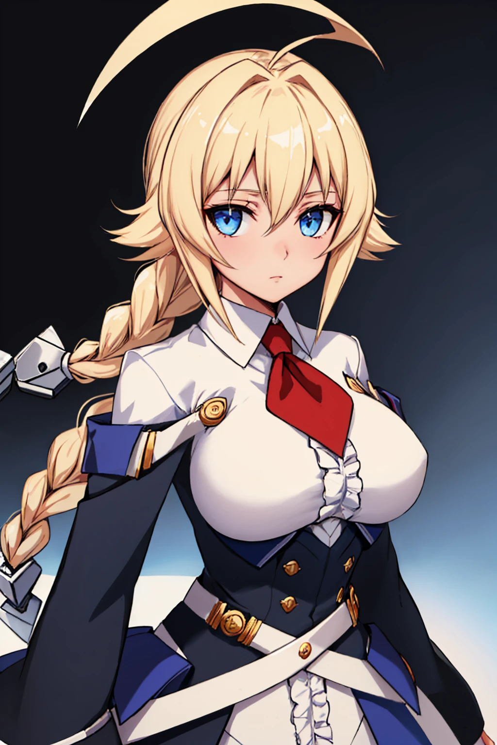 (masterpiece, best quality:1.2), solo, 1girl, blazbluees, expressionless, looking at viewer, huge ahoge, single braid, dress, underbust, center frills, necktie, long sleeves <lora:blazblue_es-10:1>