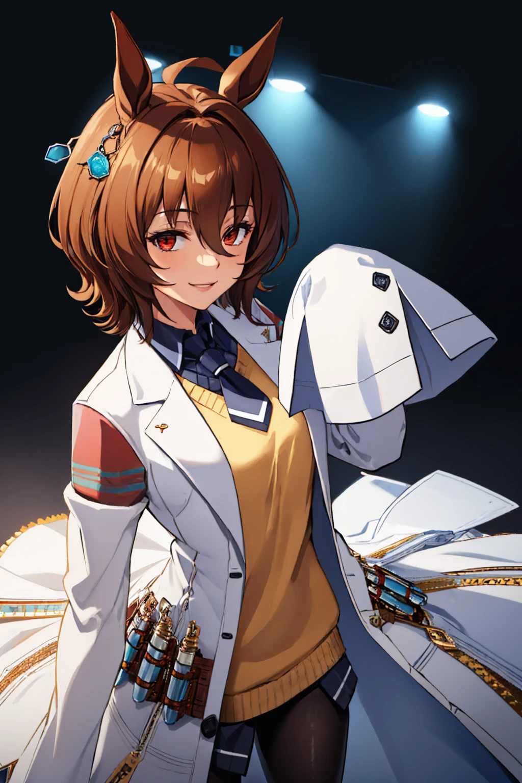 (masterpiece, best quality:1.2), solo, 1girl, agnes tachyon, smile, looking at viewer, horse ears, labcoat, sleeves past wrists, sleeves past fingers, sweater, necktie, pantyhose, single earring <lora:umamusume_agnestachyon:1>