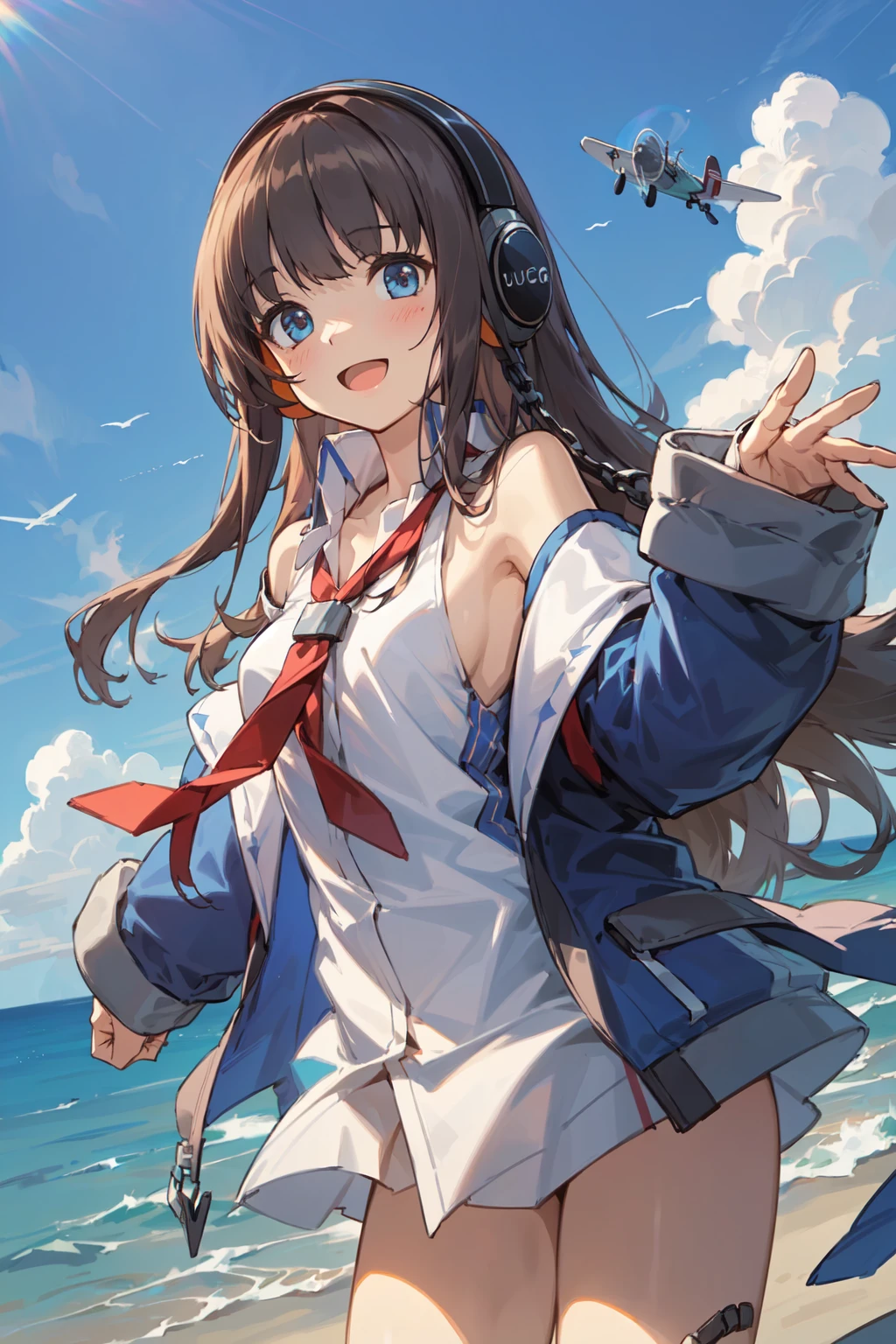 (masterpiece), (best quality), (ultra-detailed), photorealistic, (best illustration), ((an extremely delicate and beautiful)), 1girl, solo, nagashimakai, cowboy shot, wide shot, blue coat, open coat, collared shirt, sleeveless shirt, bare shoulders, red necktie, headphones, av, g, 1, off shoulder, collarbone<lora:long_island_kai_nai_6-13:0.7:lbw=MIDD>, ultra-detailed, finely detailed, miniature propeller airplane, ocean, horizon, sunlight, diffraction spikes, blue sky, white cloud, detailed scenery, (bandaid on knee:0.9), chain, sleeves past fingers, :d