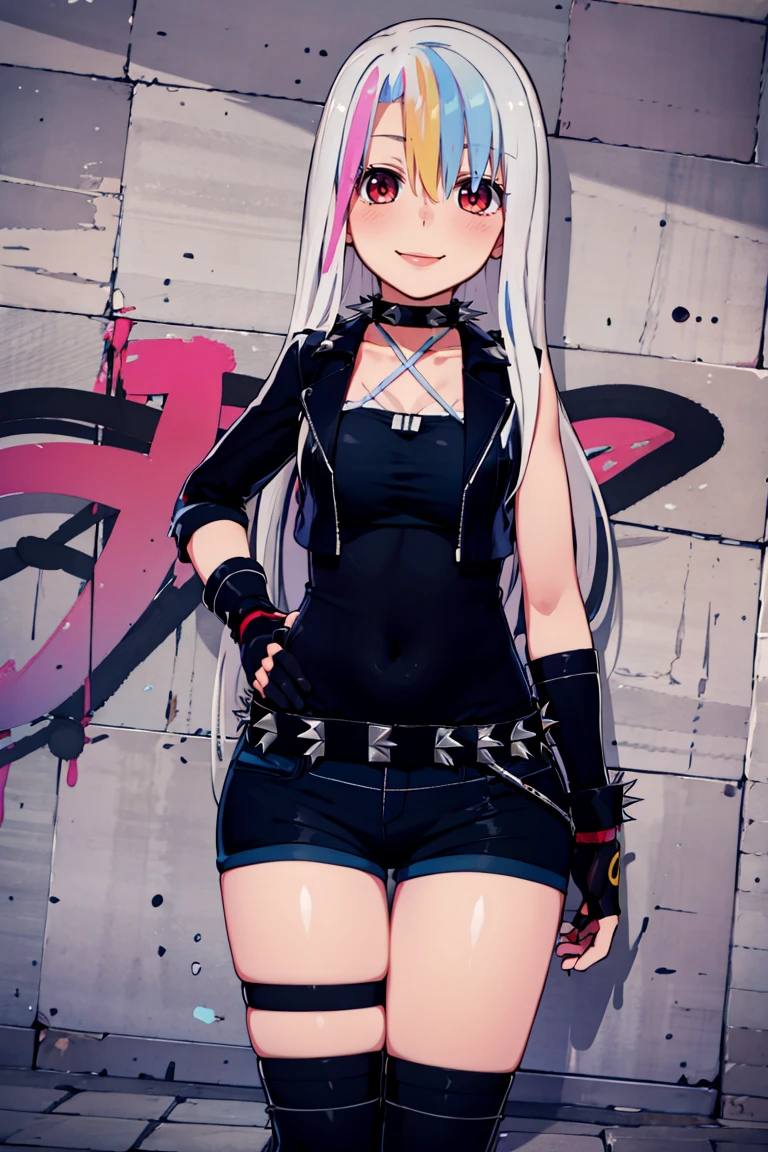 ((masterpiece,best quality)), absurdres, <lora:Roxy_Citron_OC_AnyLora:0.8>, Roxy_Citron_OC,  1girl, solo, red eyes, white hair, rainbow hair, long hair, streaked hair, hair between eyes, smile, leather jacket, leather pants, strapless bra, black jacket, tight pants, black choker, zipper, fingerless gloves, biker clothes, spikes, unzipped, multiple belts, shiny clothes, high collar, CONCEPT_graffiti_wall_ownwaifu, (graffiti:1.2), brick wall,<lora:CONCEPT_graffiti_wall_ownwaifu-15:1>