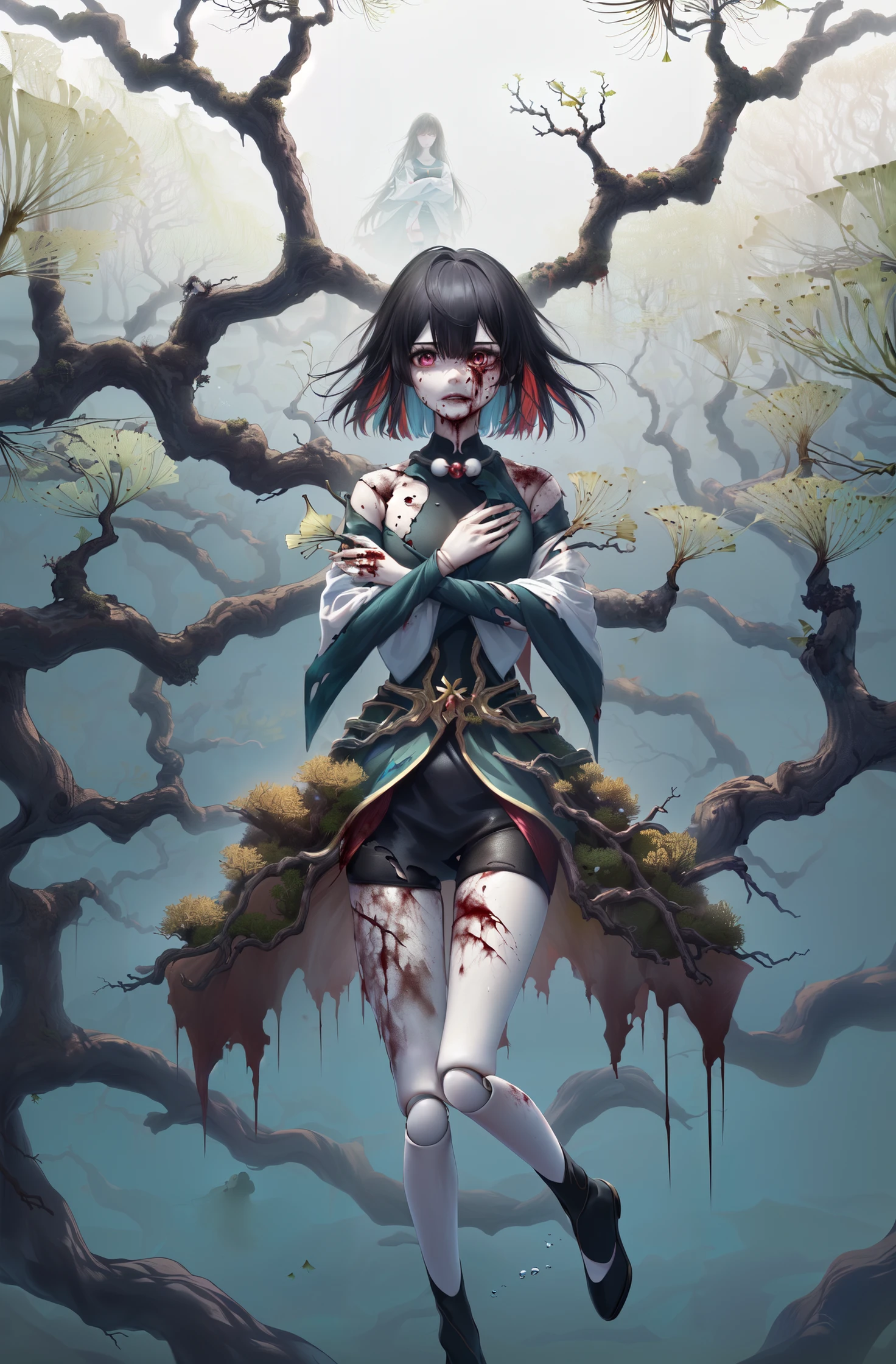 8k, best quality, masterpiece, (ultra-detailed:1.1), (high detailed skin), solo, solo focus, horror (theme), (full body:1.1),
<lora:doll_joints_v0.1:1>, (Doll girl, (doll joint:1.1), doll girl, Ginkgo branches:1.2),
<lora:æ¯æ1:1.1:lbw=MIDD>, (torn clothes,blood on body, blood on face, pale skin, painful face,A girl is struggling in pain:1.3), 1 girl, looking at viewer, This picture depicts a surrealistic image of a woman blending with natural elements. woman floating at the bottom of the sea, (Deep water, water, underwater:1.4), (her hair gradually turning into branches and twigs of a tree:1.2), (her body and hair gradually turning into branches and twigs of a tree:1.4), ( ginkgo leaves, ginkgo trees, ginkgo trees fused together with doll girl:1.3),
<lora:xueyi-yz-v100:0.7:lbw=OUTALL>, xueyi, 1girl, short hair, black hair, multicolored hair, jewelry, colored inner hair, thighhighs, multicolored eyes, red hair, white thighhighs, crossed arms,
death following me,
------,
Low saturation, grand masterpiece, Perfect composition, film light, light art