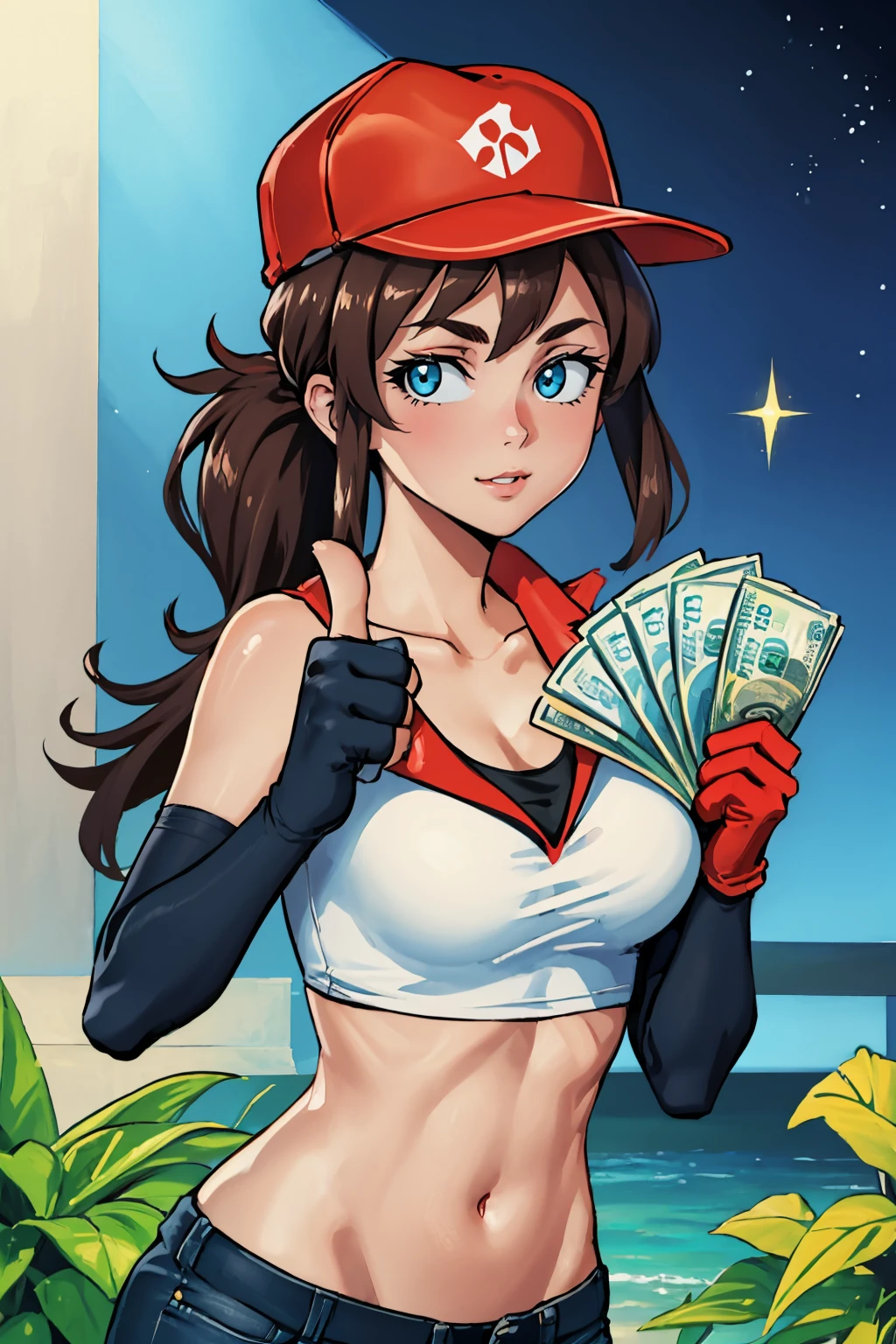 (masterpiece, best quality:1.2), <lora:gangstersb:.85>, gangstersb, 1girl, solo, looking at viewer, upper body, money, holding, holding money, thumbs up, <lora:sivir-nvwls-v1-final:0.85>, pdsivir, baseball cap, ponytail, white crop top, elbow gloves,