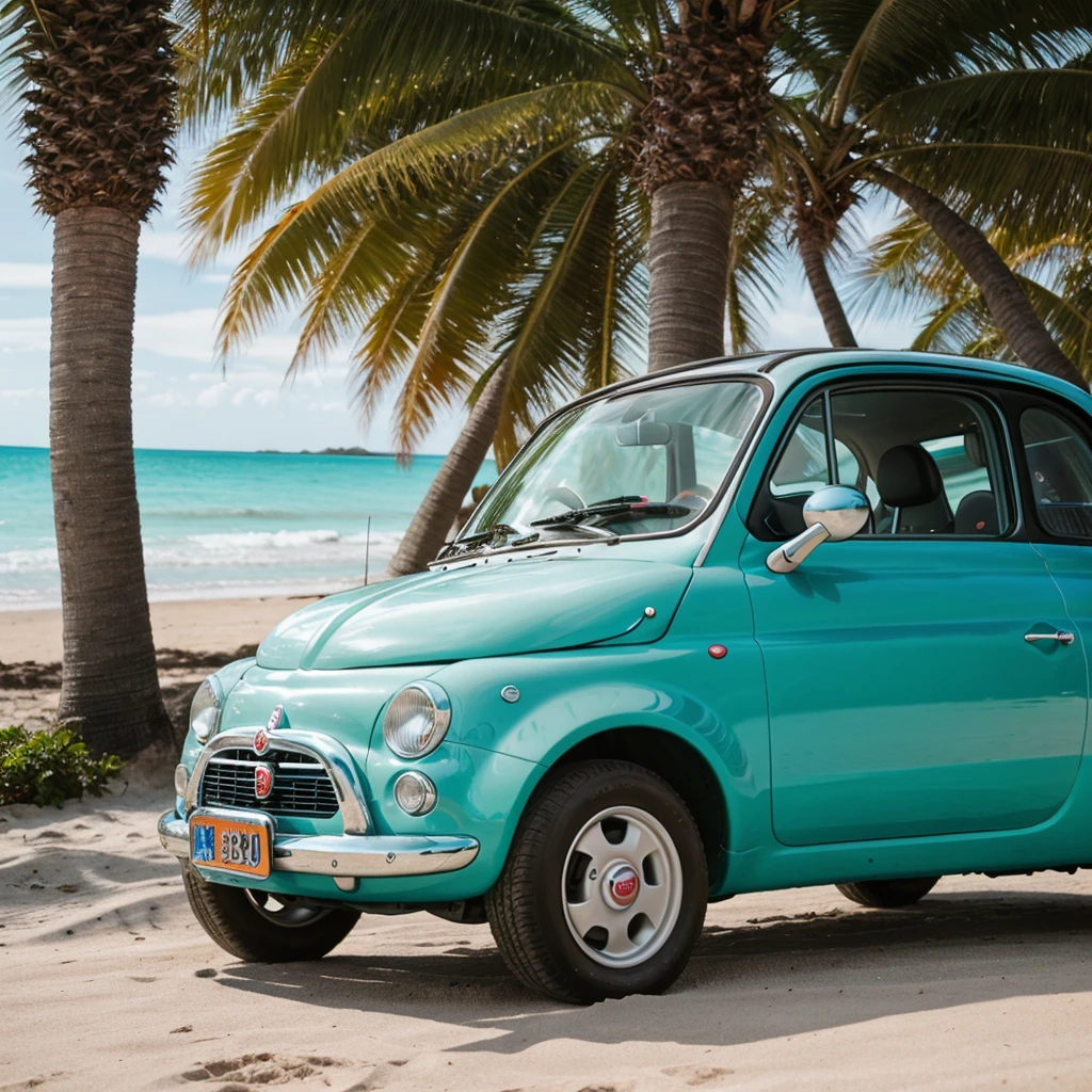 RAW photo, Fiat 500e on a tropical beach, portrait photography, (high detailed skin:1.2), 8k uhd, dslr, soft lighting, high quality, film grain, Fujifilm XT3