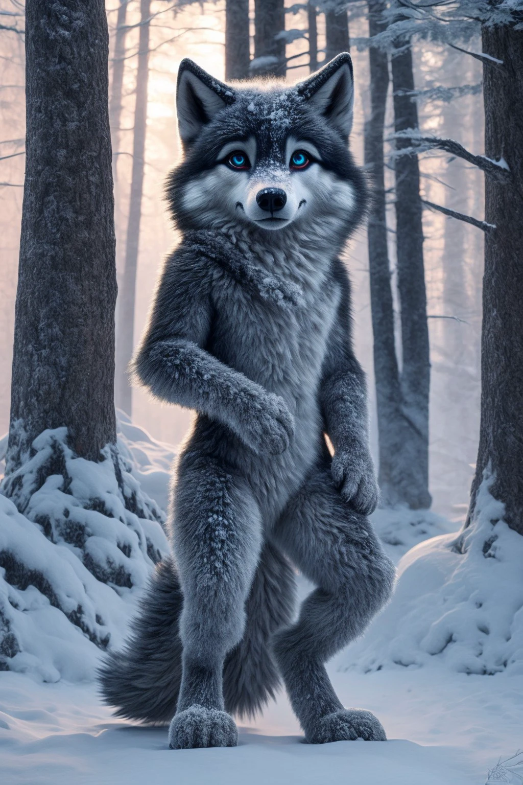 detailed,art drawing of a cute wolf female,detailed grey furr,small breasts,detailed hands,detailed face,detailed beautiful eyes,full-body pose,standing leaning back against the tree,snowy forest,
