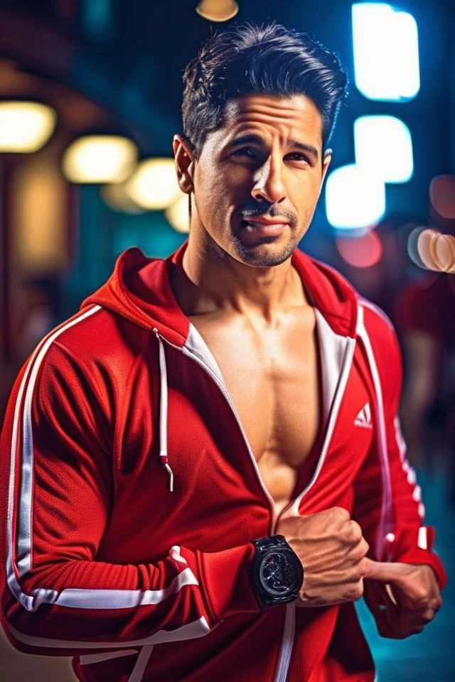 lvaro morata a man <lora:sid-mal_lvaro-Morata-000002:1>, realistic photo in a worn ((skin-revealing skimpy erotic red tracksuit, massive hairy pecs)), abs, big pecs, big arms, bulge, VPL, ((light bokeh)), intricate, (steel metal [rust]), elegant, erotic, exuding sexual energy, homoerotic, sharp focus, photo by greg rutkowski, soft lighting, vibrant colors, (masterpiece), ((streets)), (detailed face), looking at viewer, light smile, night, walking towards viewer, cinematic lighting, beautiful lighting, cinematic lighting, (hazy filter, film grain:1.2)