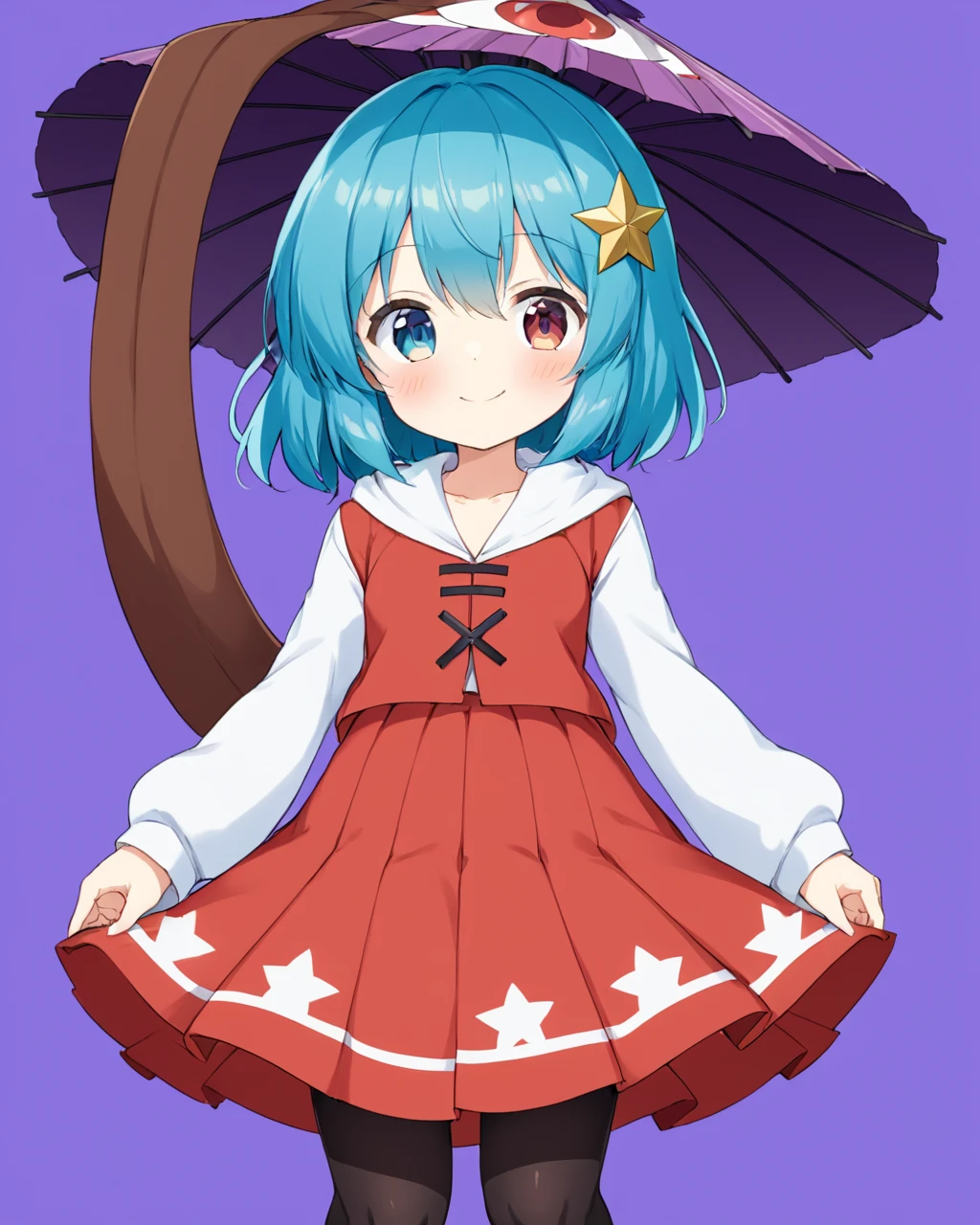 tatara kogasa,1girl, solo, heterochromia, black_pantyhose, smile, simple_background, red_skirt, alternate_costume, purple_background, long_sleeves, closed_mouth, karakasa_obake, cowboy_shot, looking_at_viewer, purple_umbrella, blush, plaid_skirt, tongue, white_hoodie, white_outline, sleeves_past_wrists, standing
<lora:tatara_kogasa_image6022_2023-12-20-000007:1>,star-shaped_pupils,symbol-shaped_pupils,. gorgeous,key visual, vibrant, studio anime,award-winning, professional, highly detailed,high budget, cinemascope