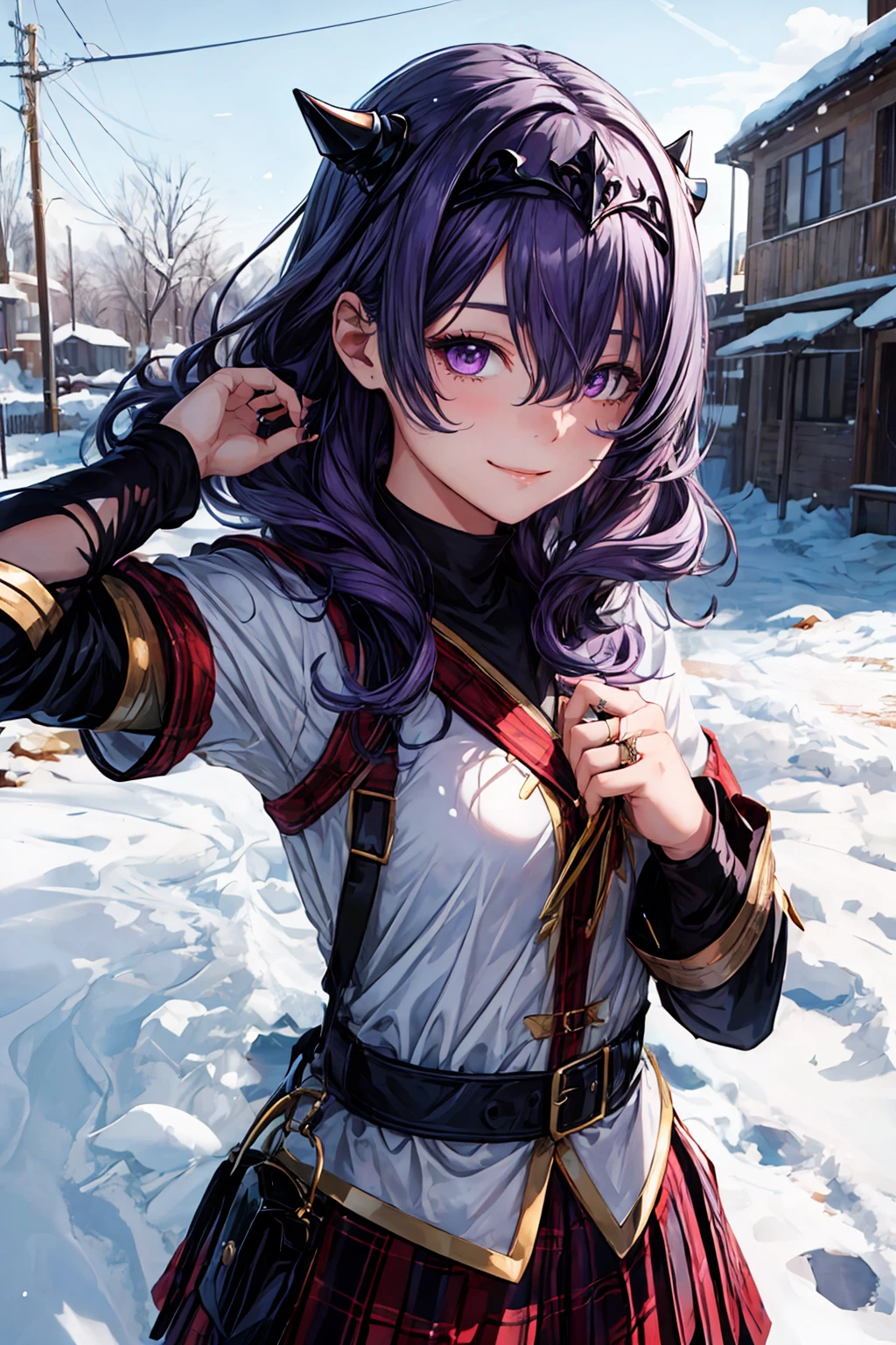 (masterpiece, best quality, hires, high quality, by professional artist, ultra detailed, extremely detailed, absurdres, incredibly resolution:1.2),
BREAK
1girl, EPfeCamilla, upper body, smile, hair_over_one_eye, black tiara, (purple_hair:1.2),
BREAK
coat, pleated plaid_skirt, circlet, (ring), snowy field , <lora:EPfeCamilla:0.7>