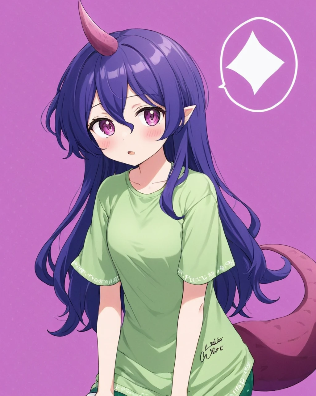 tenkajin chiyari,1girl, solo, green_shirt, short_sleeves, clothes_writing, open_mouth, speech_bubble, single_horn, signature, blush, tail, t-shirt, polka_dot, purple_background, looking_at_viewer
<lora:tenkajin_chiyari_image270_2023-12-20-000030:1>,star-shaped_pupils,symbol-shaped_pupils,. gorgeous,key visual, vibrant, studio anime,award-winning, professional, highly detailed,high budget, cinemascope