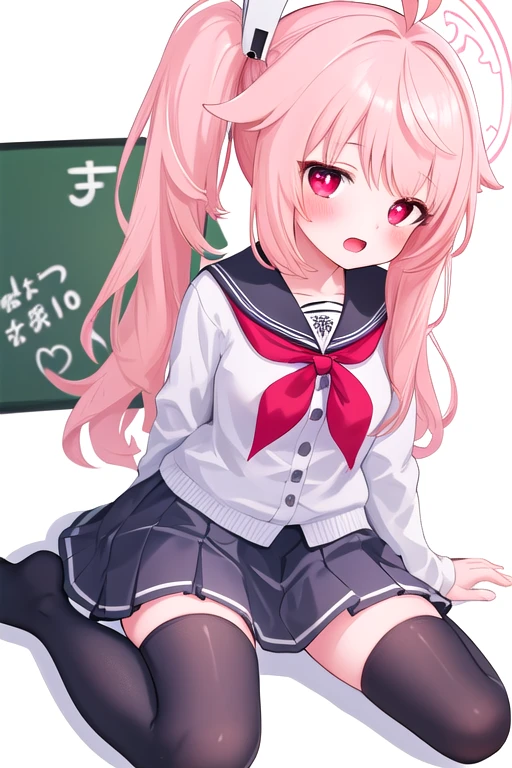 best quality, masterpiece, highres, solo, {youniaonatsu:1.15}, halo, pink_hair, long_hair, side_ponytail, ahoge, red_eyes, blush, bangs, serafuku, hair_ornament, 1girl, black_thighhighs, looking_at_viewer, school_uniform, skirt, thighhighs, simple_background, sitting, white_background, open_mouth, wariza