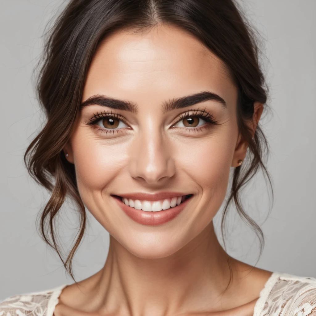 A RAW, [semi close-up photograph], of a beautiful 31yo woman's face, sexy, [exotic], [sarcastic smile], Long eyelashes, plump lips, tiny freckles and realistic details. brunette. short hair,