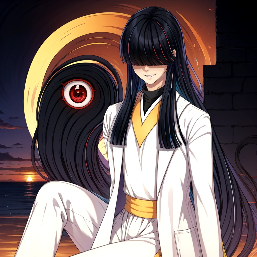 cowboy shot, sitting on floor, demonic red eye on hair, long hair, (masterpiece:1.2, best quality)  <lora:RObagot-000009:1> 1boy, black hair, bangs covering eyes, white outfit, wide smile, happy, sunset background