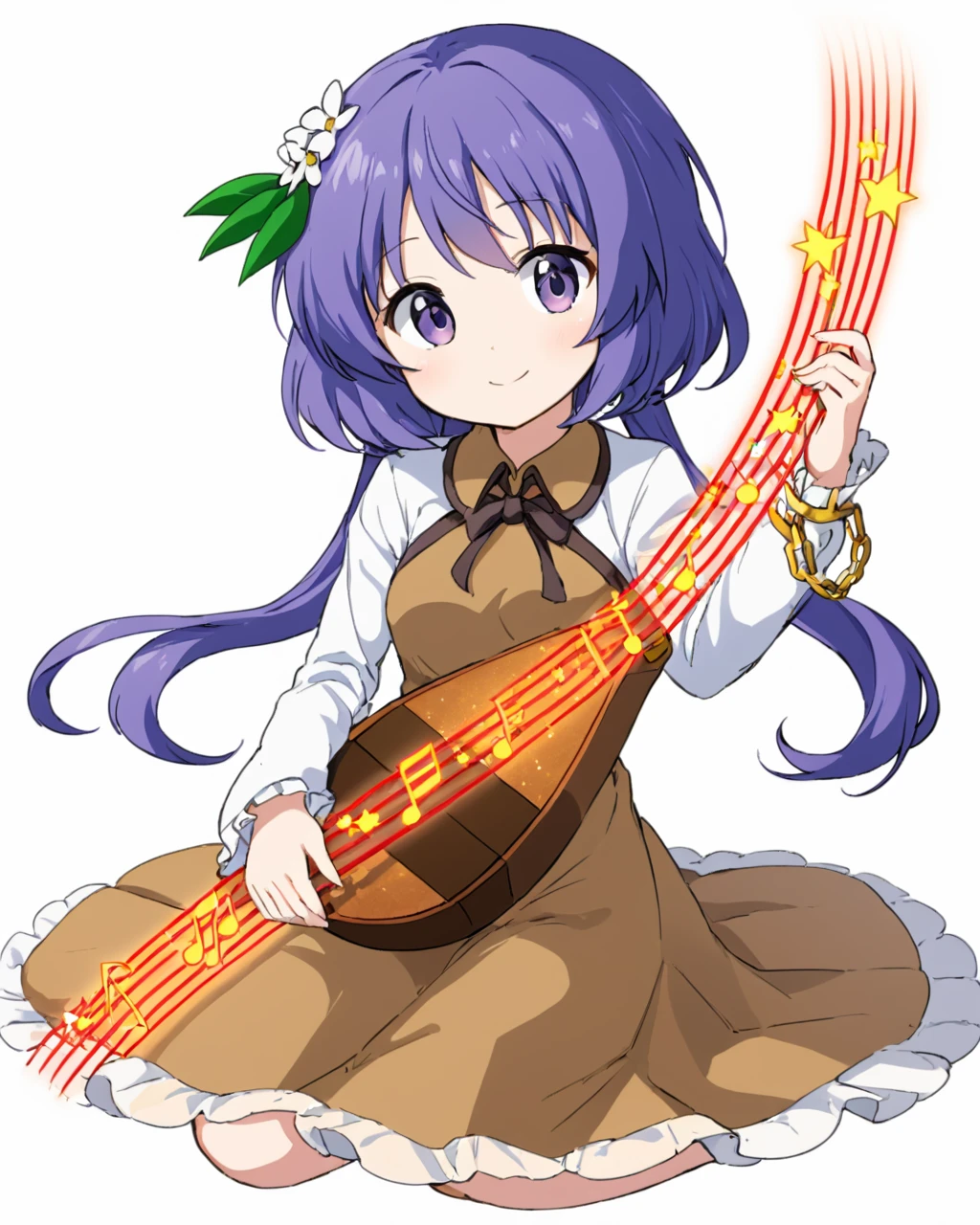 tsukumo benben,1girl, solo, hair_flower, smile, lute_\(instrument\), biwa_lute, chain, long_sleeves, playing_instrument, white_background, eighth_note, twintails, brown_dress, simple_background, sitting
<lora:tsukumo_benben_image916_2023-12-20-000015:1>,star-shaped_pupils,symbol-shaped_pupils,. gorgeous,key visual, vibrant, studio anime,award-winning, professional, highly detailed,high budget, cinemascope