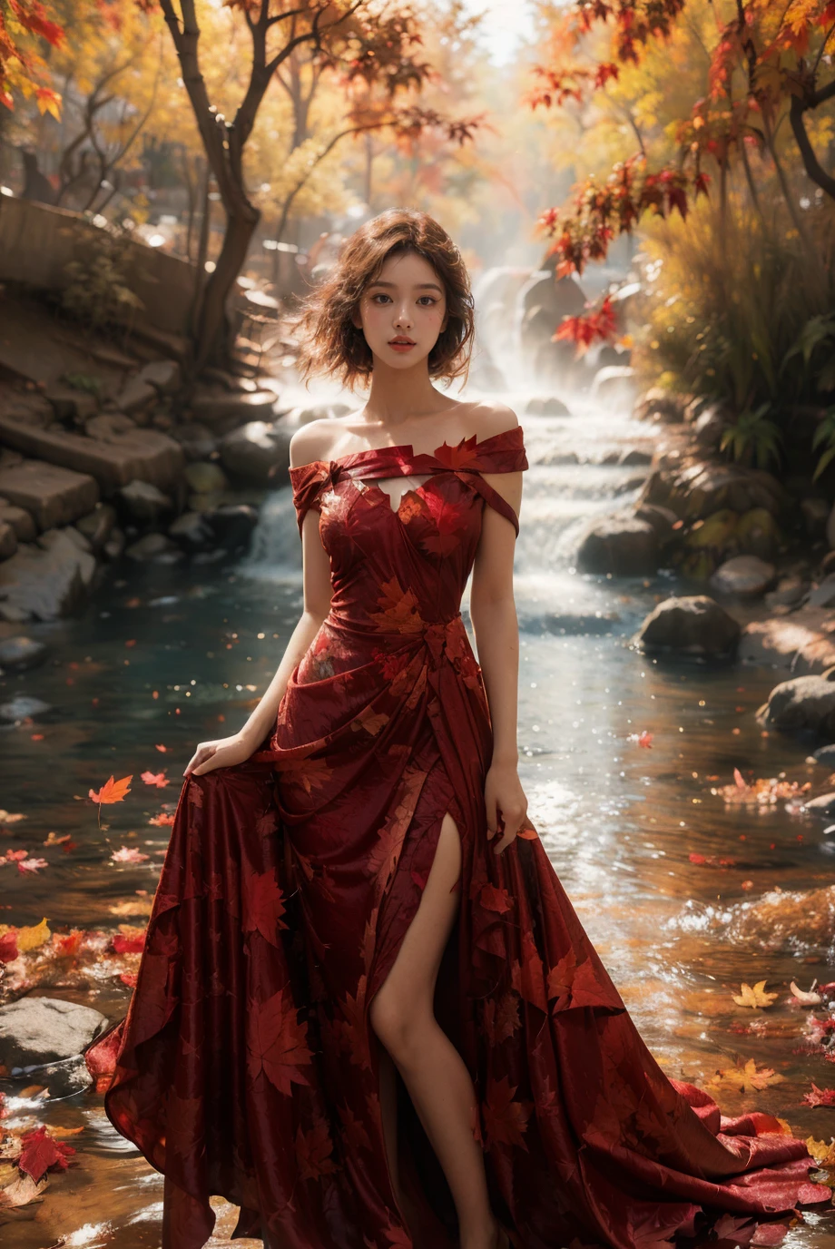 (fashion magazine cover:1.3),(full-size photograph:1.3),(a beautiful and delicate girl:1.2),(gorgeous formal attire:1.1),(fashion design:1.1),a tender and watery gaze,elegant,
((Dadaism)),(creek:1.2),(free wind:1.1),(mist:1.1),warm and delicate sunshine,<lora:maple leafðå¶è½ç°å¢_v1.0:0.77>,(red maple leaf:1.1),photography,