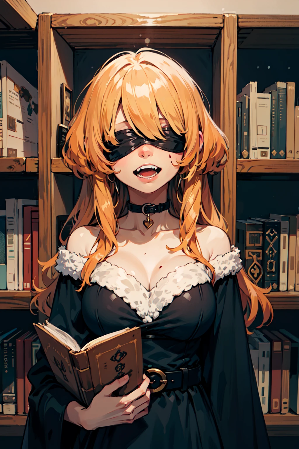 hug, BREAK young female, golden hair, <lora:emptyEyesLoraUtsurome_v30:0.5>, empty eyes, utsurome, (completely black skin), lovely large breasts, black gothic clothes, intricate clothes, black belt, black choker, (blindfold, black cloth covered eyes), blood, blood from eyes, fangs, blood on face, eclipse, BREAK a bookshelf filled with old, leather-bound books, , winter, snow, (best quality:1.1),
