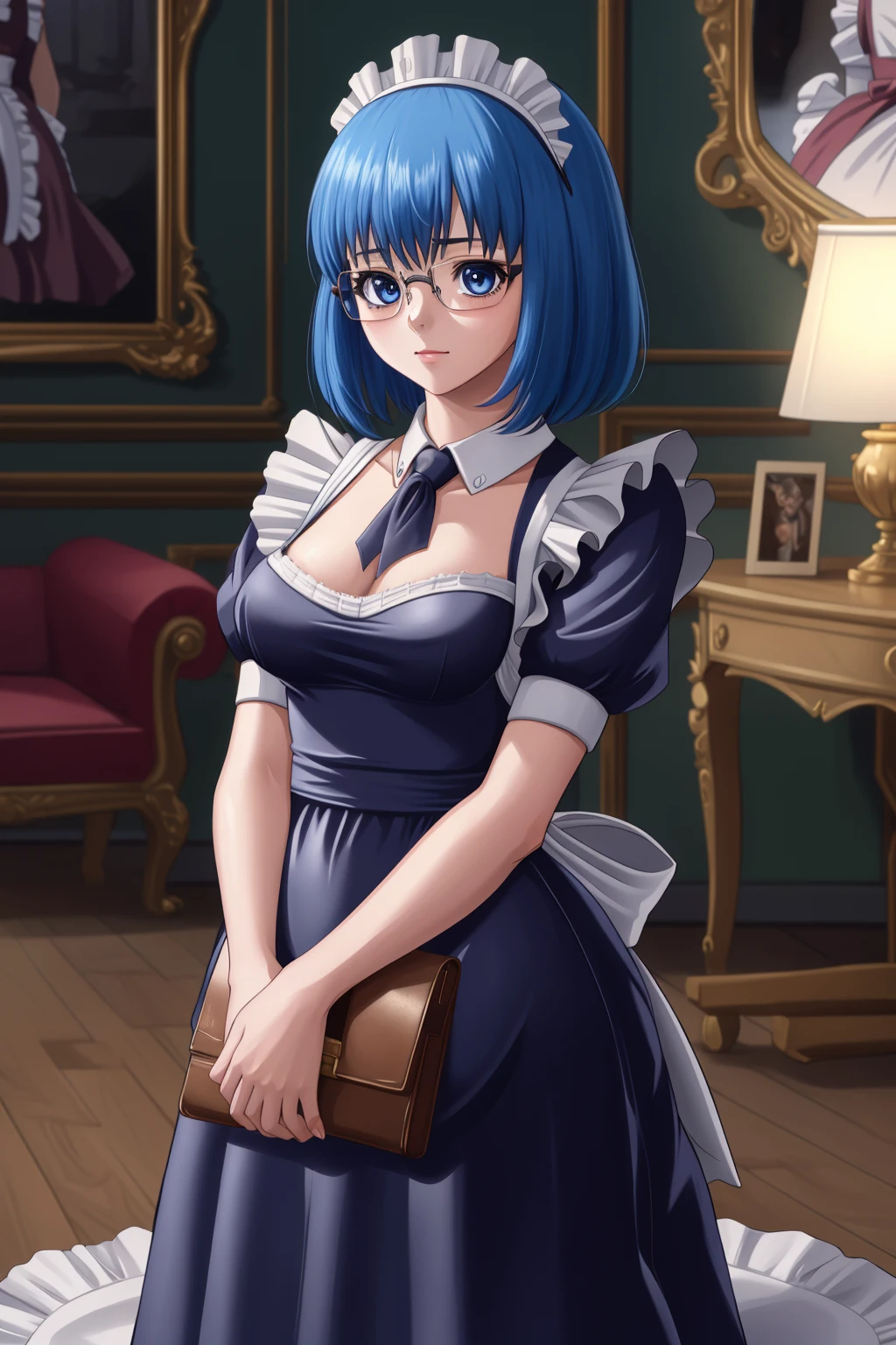 (masterpiece, best quality, high quality, highres, ultra-detailed), <lora:SachieMurata:0.8>
sachiemurata, 1girl, solo, glasses, blue hair, short hair, blue eyes
maid, maid apron, maid headdress,
full body, standing, indoors, mansion,