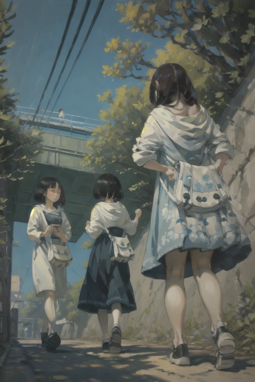 <lora:Cute_paint-000003:.8>
a painting of a woman holding a purse and a child walking down a street with a bridge in the background, an ultrafine detailed painting, plein air