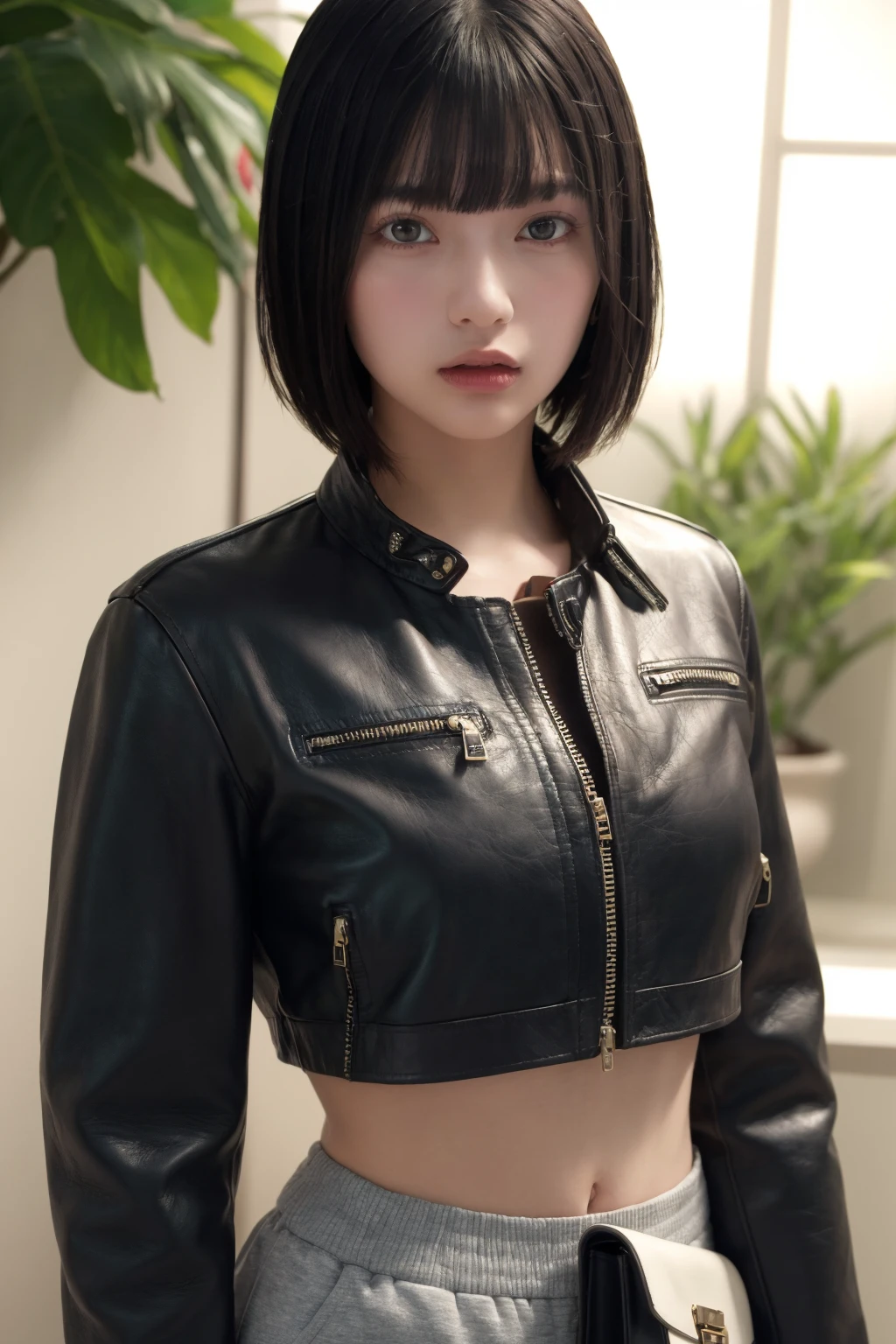 <lora:HinanoV01:1>, 1girl, short hair, bangs, small breasts, small, best quality, masterpiece, illustration, realistic, photo-realistic, amazing, finely detail, incredibly absurdres, huge filesize, ultra-detailed, highres, extremely detailed CG unity 8k wallpaper,leather jacket,sweatpants,handbag,, upper body,