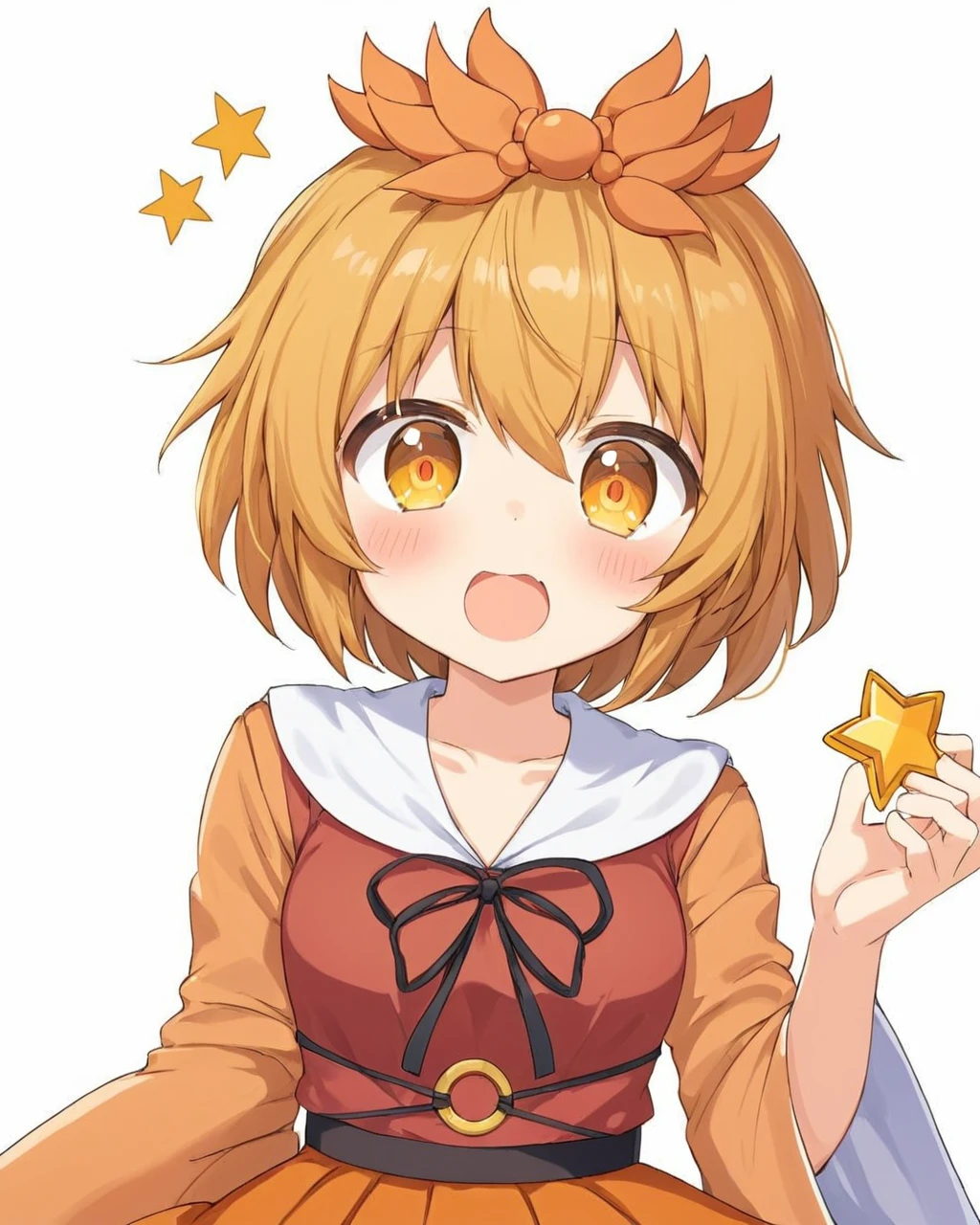 toramaru shou,1girl, solo, one-hour_drawing_challenge, white_background, simple_background, open_mouth, long_sleeves, fang, upper_body, blush_stickers, hair_ornament, wide_sleeves, dress, orange_skirt
<lora:toramaru_shou_image1879_2023-12-20-000010:1>,star-shaped_pupils,symbol-shaped_pupils,. gorgeous,key visual, vibrant, studio anime,award-winning, professional, highly detailed,high budget, cinemascope