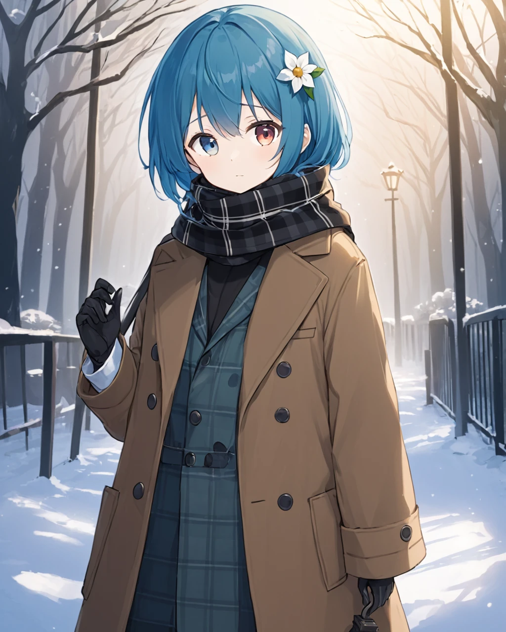 tatara kogasa,1girl, solo, heterochromia, holding_umbrella, black_gloves, long_sleeves, closed_mouth, looking_at_viewer, plaid_scarf, outdoors, open_coat, brown_coat, alternate_costume, white_flower, winter_clothes, sweater, black_scarf, standing, expressionless, duffel_coat
<lora:tatara_kogasa_image6022_2023-12-20-000007:1>,star-shaped_pupils,symbol-shaped_pupils,. gorgeous,key visual, vibrant, studio anime,award-winning, professional, highly detailed,high budget, cinemascope