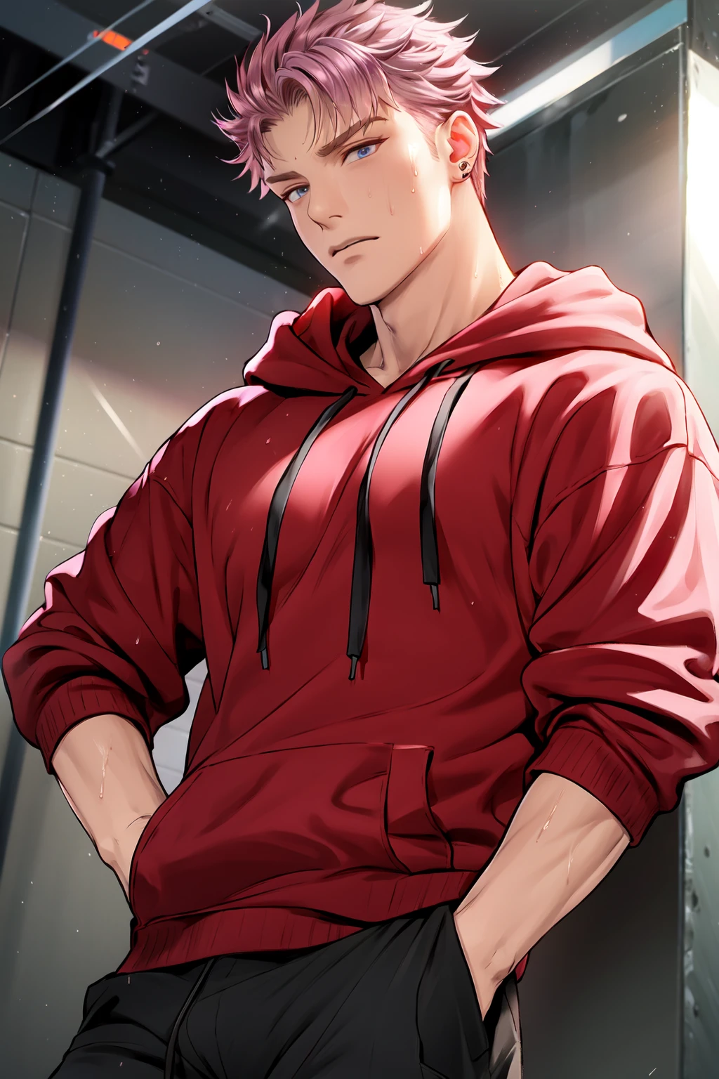 <lora:mondi111:0.7>,1boy,pink hair,muscular,rainyazurehoodie,