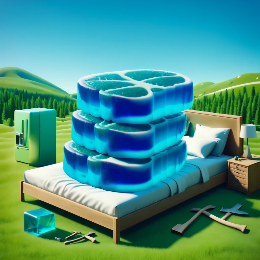 <lora:steak_v1:0.7>,shirt, weapon, outdoors, food, sky, day, cloud, blue sky, pillow, book, no humans, on bed, mountain, fantasy, sand, door, axe, bedroom, landscape, stick, still life, cube, bed, rug, treasure chest, pickaxe, HLSWB, blue jewelry ,blue 
jelly