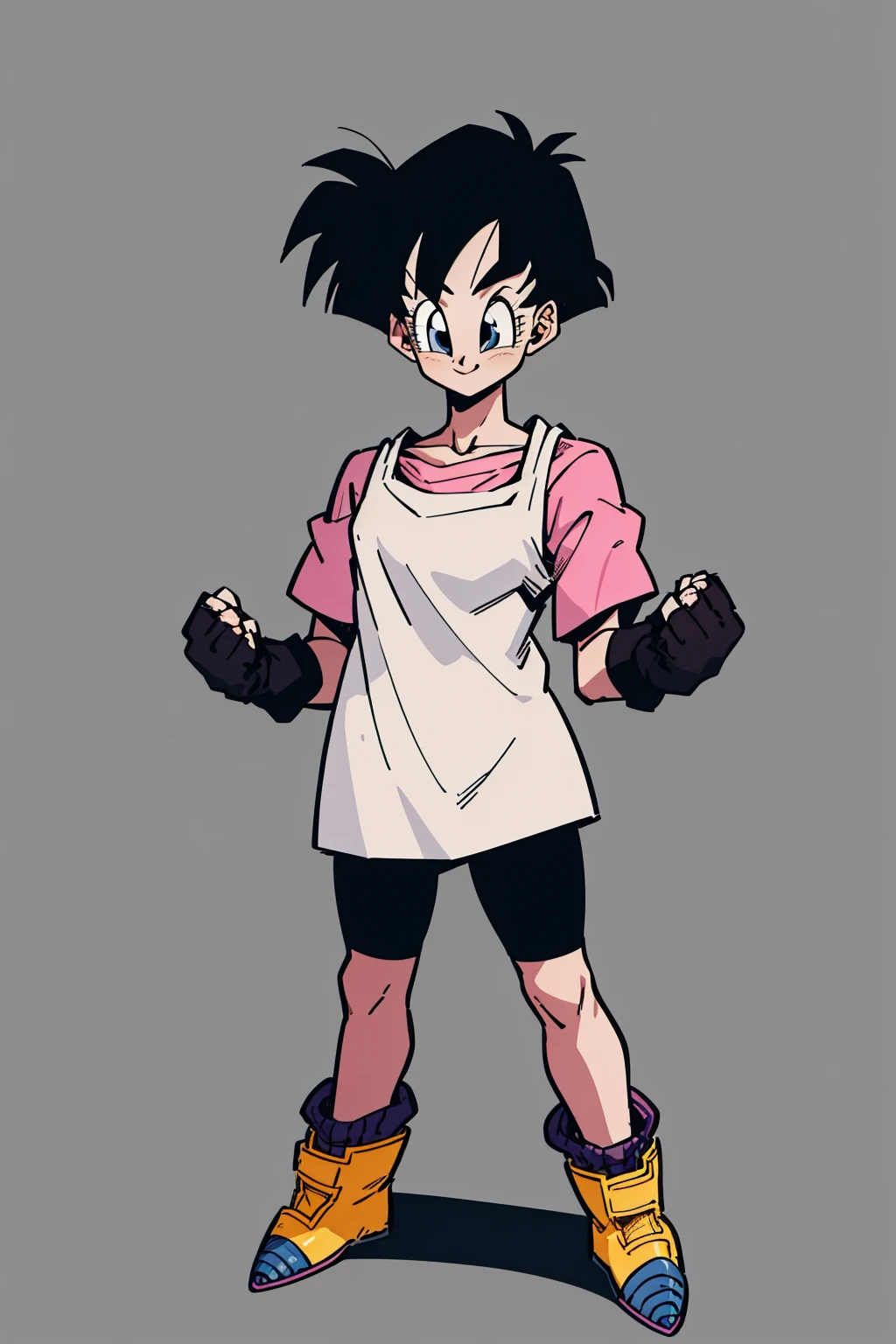 masterpiece, best quality, 1girl, videl, black hair, short hair, blue eyes, pink shirt, bike shorts, gloves, boots, smile, full body, clenched hands, standing, looking at viewer, solo, simple background <lora:Videl:1>