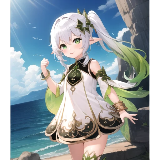 ((masterpiece)),(best quality),official art,extremely detailed CG,unity 8k wallpaper,ultra detailed,A lighthouse on a cliff by the sea,1girl,solo,cowboy shot,looking at viewer,green_eyes,side_ponytail,pointy_ears,white_dress,white_hair,leaf_hair_ornament,symbol-shaped_pupils,jewelry,toeless_legwear,multicolored_hair,long_hair,gradient_hair,bracelet,bangs,green_hair,stirrup_legwear,smile,green_cape,toeless_footwear,female_child,detached_sleeves,green_sleeves,sleeveless_dress,white_footwear,<lora:Nahida(gen)>,