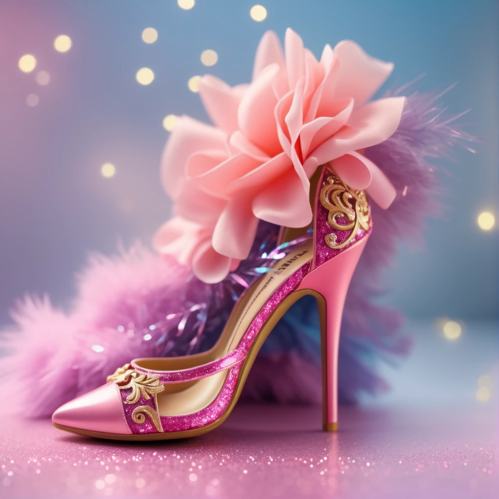 a photography, HD, shoe woman , glitter ornate, pink, blurry, blurry background, depth of field, ornate, mdjrny-v5, photo, (realistic:1.3), 8k,