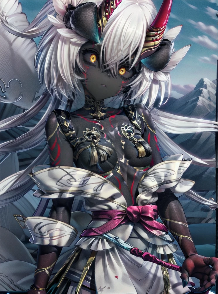 masterpiece, <lora:ageha_v3b:0.7>, oniageha, dark skin, yellow eyes, outdoors, white hair,