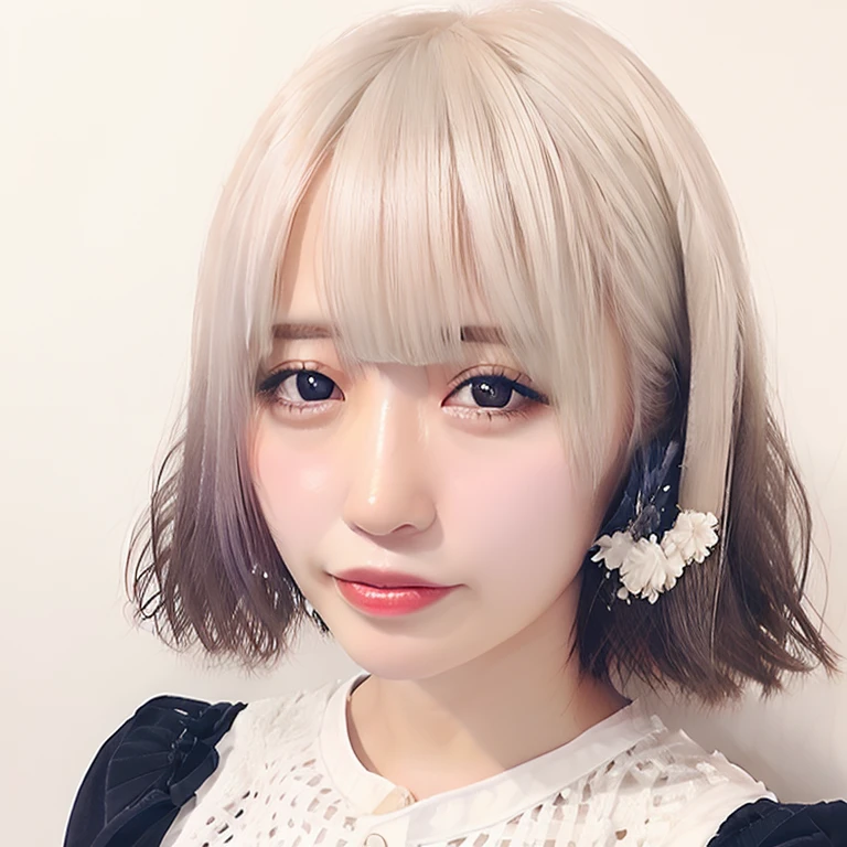 lulu, 1girl, solo,(((white hair))), curly hair, short hair,white, background,looking at viewer,<lora:lulu-000008:0.8>