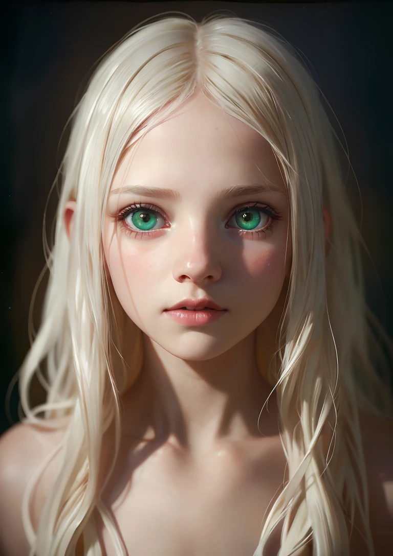(best quality, high-quality, masterpiece:1.2, 4k full HD, close portrait, photo) of a (young girl), (beautiful face:1.2, cute face, long white hair, big green eyes, naked, albino girl), (dynamic angle, most detailed photography, HD wallpaper), (ecstasy of light and shadow, volumetric light and shadows), (contest winner photo by lee jeffries, Greg Rutkowski and Magali Villanueva)