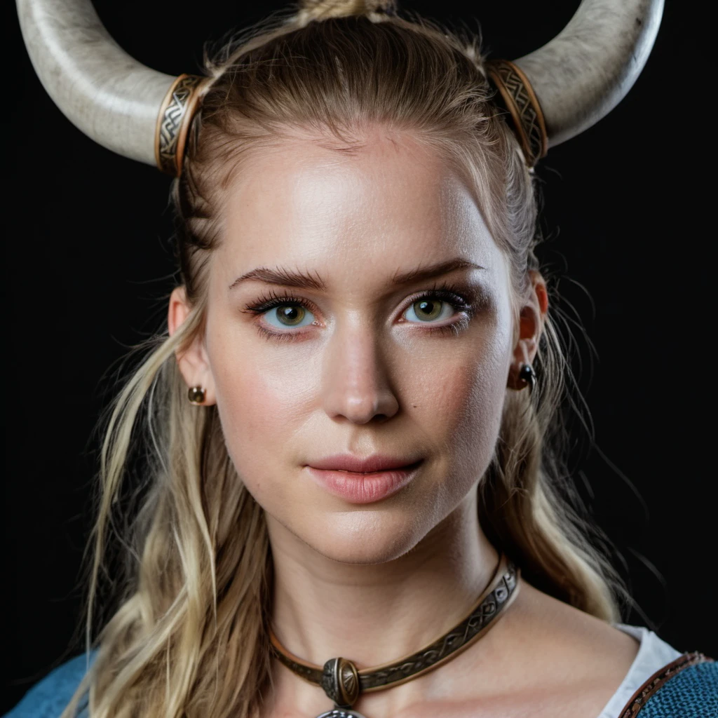 Portrait photo of a viking princess, Nikon Z9, realistic matte skin, skin texture visible, (sharp focus), (high quality), ((frontal portrait)), symmetric