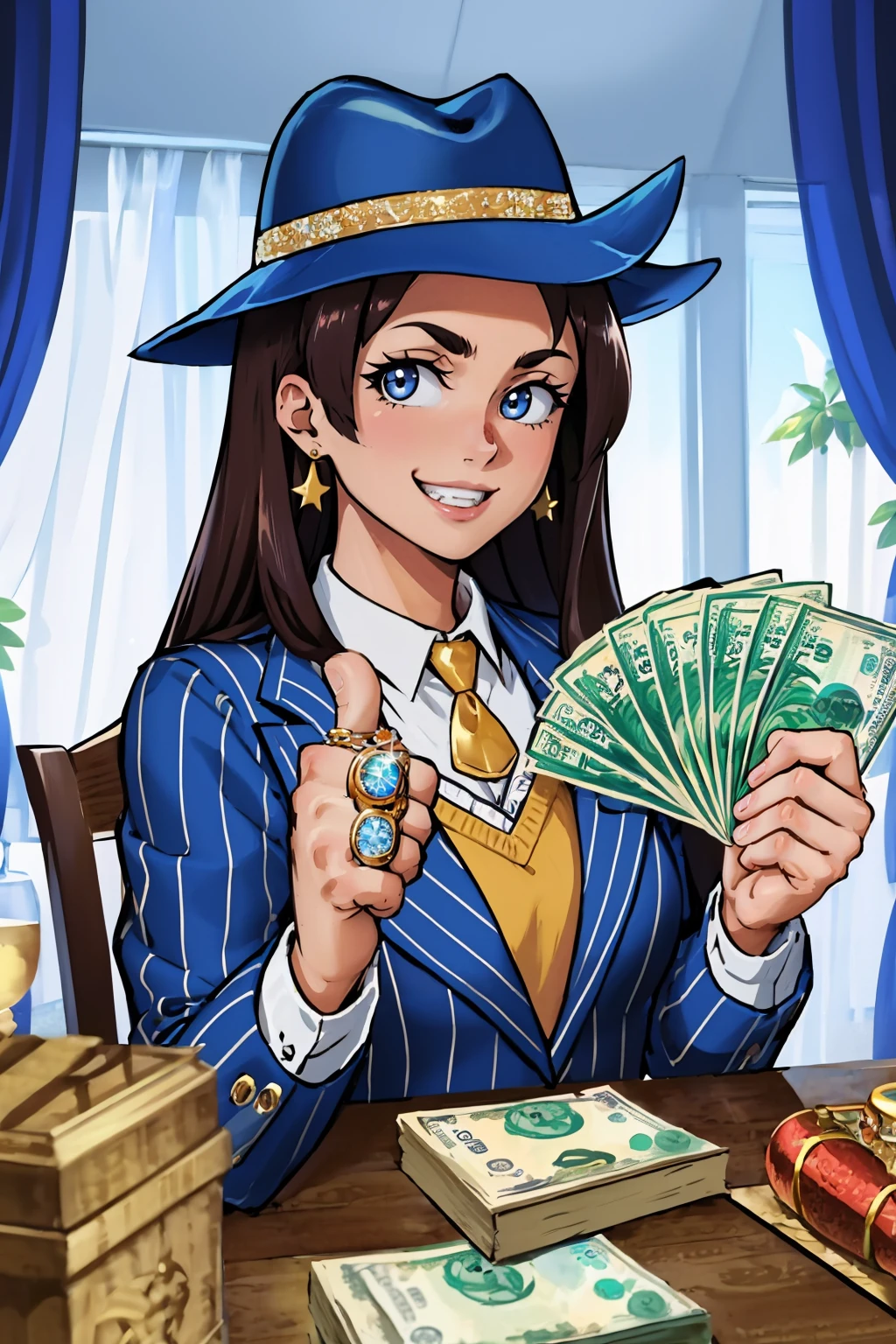 (masterpiece, best quality:1.2), <lora:gangstersb:.9>, gangstersb, 1girl, solo, looking at viewer, upper body, money, holding, holding money, thumbs up, hat, suit, grin, jewelry,
