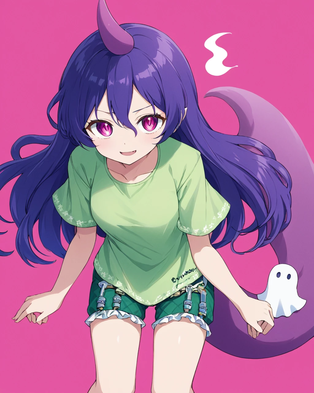 tenkajin chiyari,1girl, solo, shorts, nosebleed, smile, green_shirt, pink_background, short_sleeves, fang, tail, blue_fire, ghost_tail, looking_at_viewer
<lora:tenkajin_chiyari_image270_2023-12-20-000030:1>,star-shaped_pupils,symbol-shaped_pupils,. gorgeous,key visual, vibrant, studio anime,award-winning, professional, highly detailed,high budget, cinemascope
